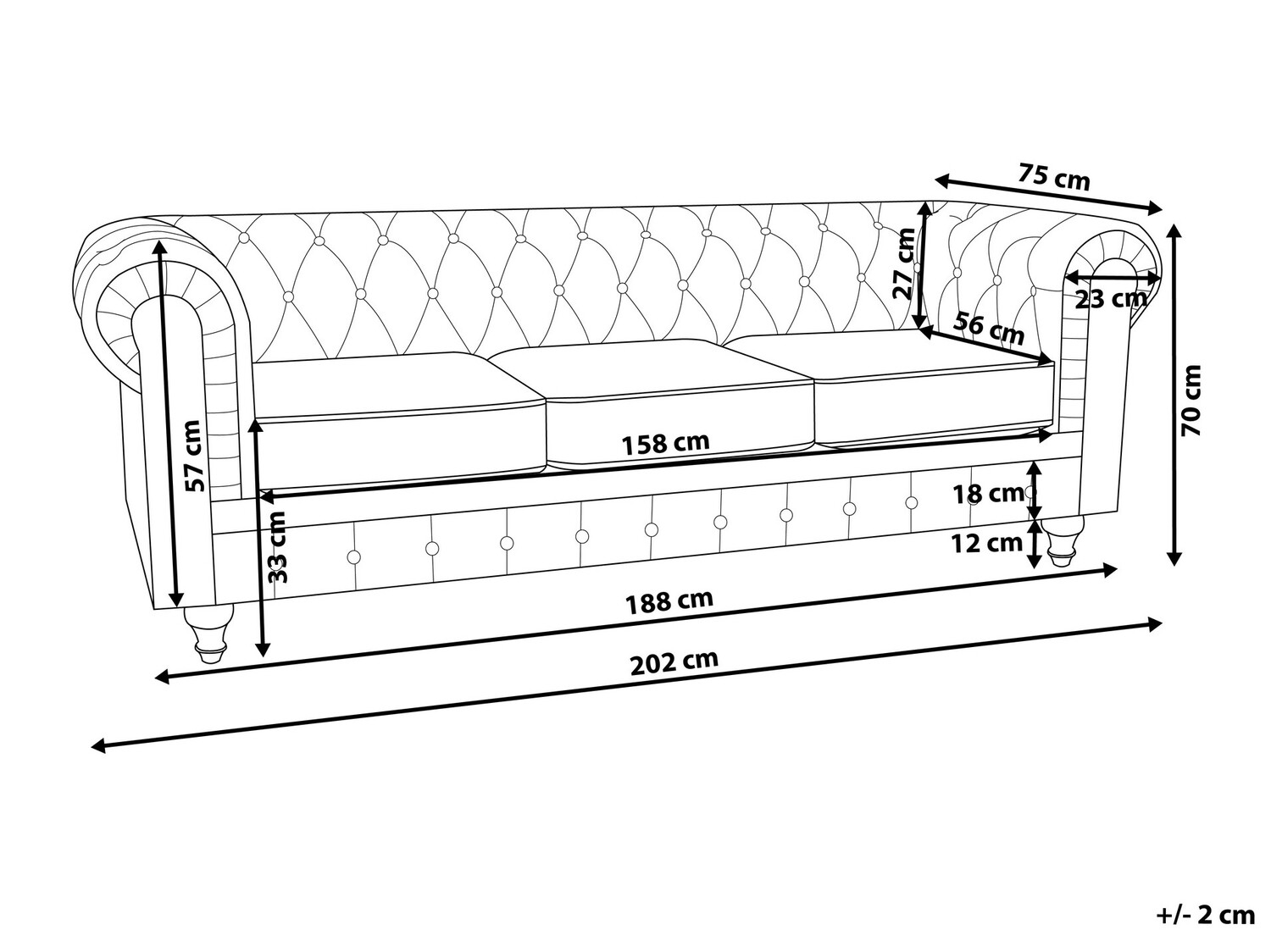 Chesterfield dīvāns Cirdoro 100 (Pelēks)