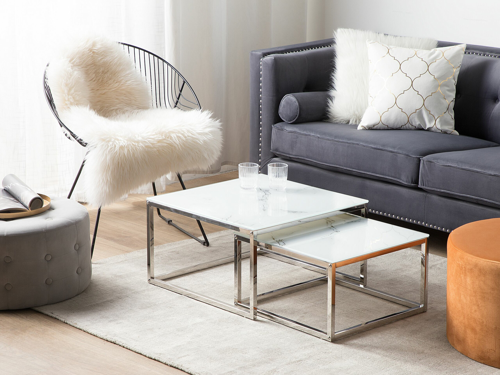 Žurnālu galdiņu komplekts Berwyn 1283 (Sudraba + Balts marmors)