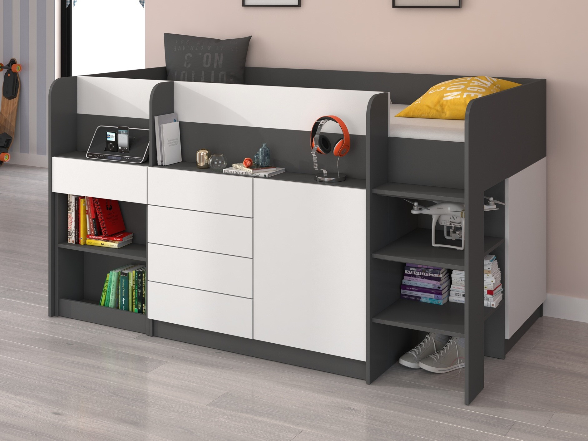 Высокая кровать Gilroy 116 (Графит + Белый)