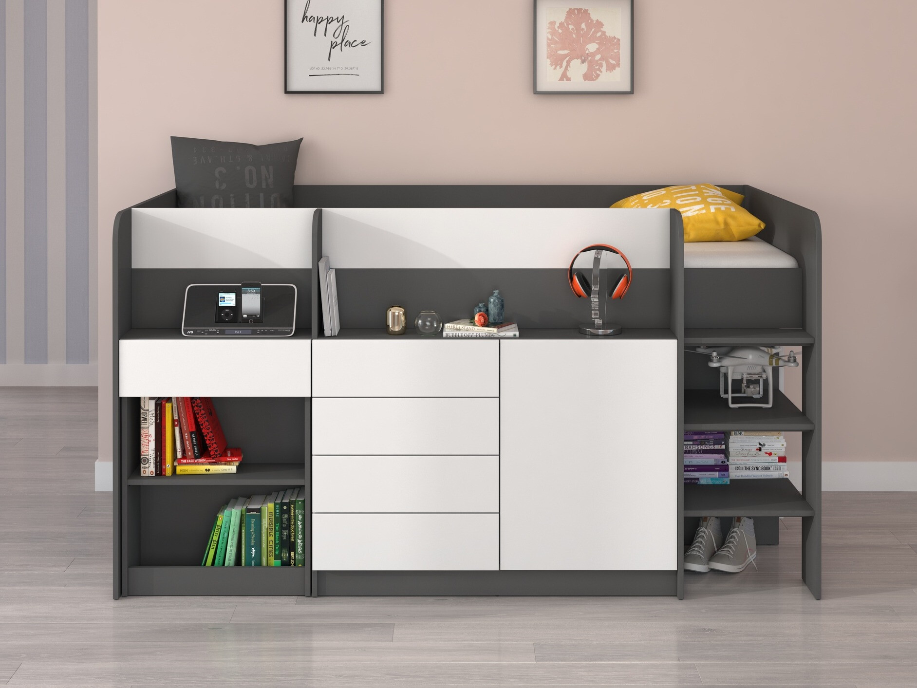 Высокая кровать Gilroy 116 (Графит + Белый)