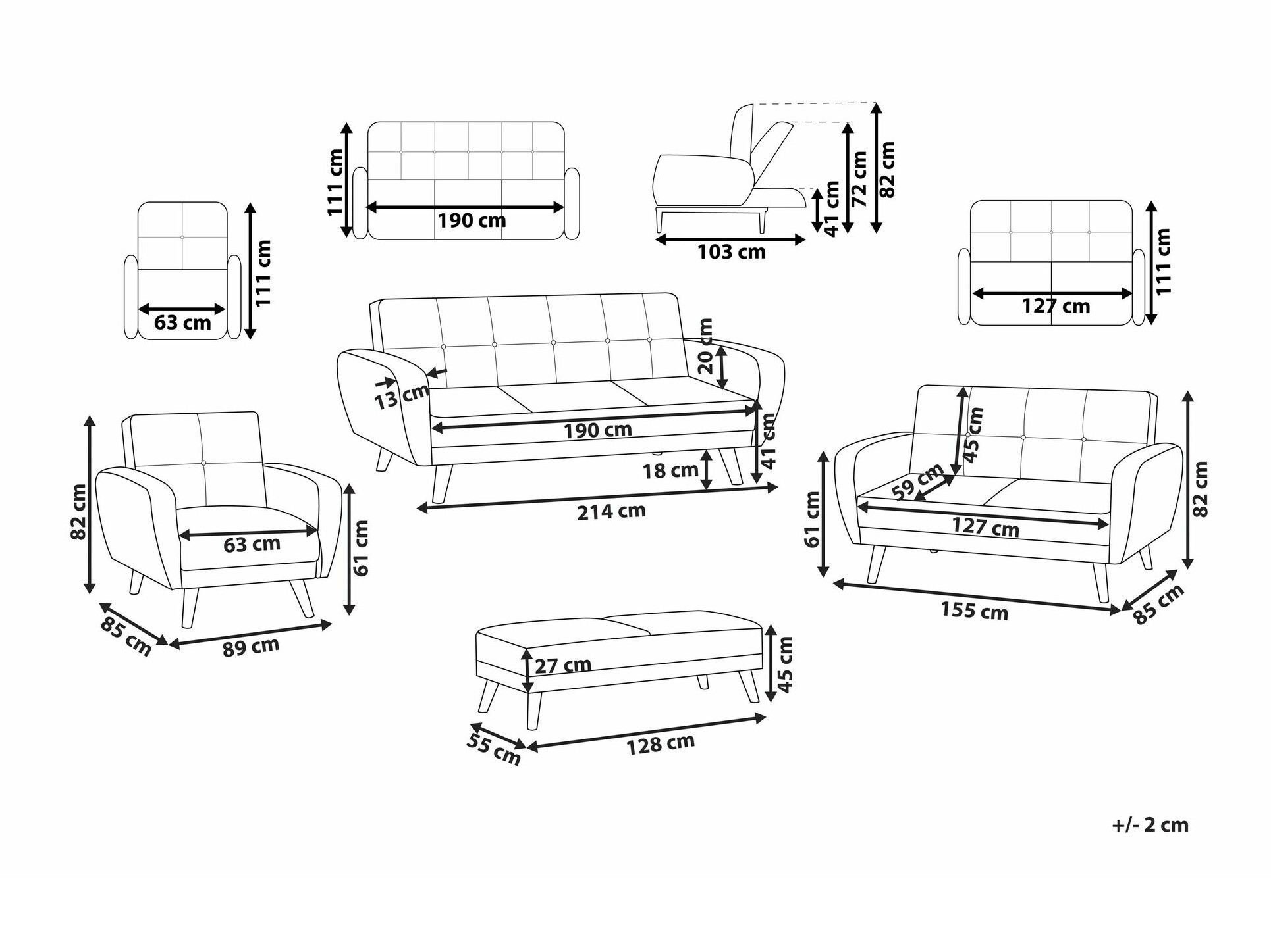 Mīksto mēbeļu komplekts Etlivi 104 (Melns)