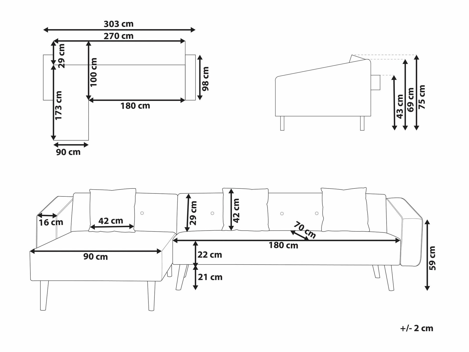 Stūra dīvāns Berwyn 1645 (Melns)