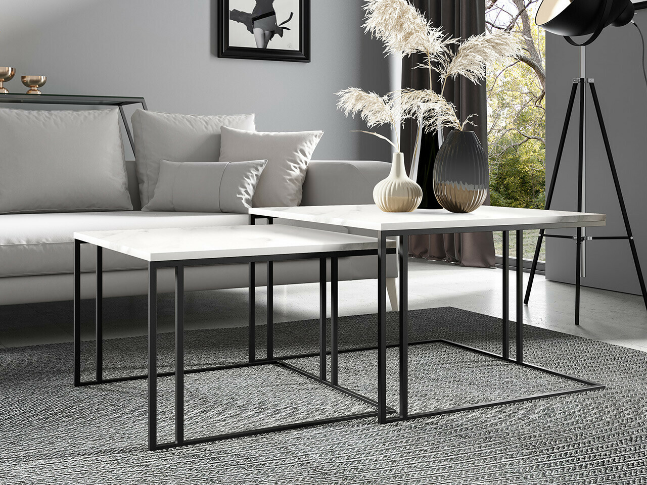 Žurnālu galdiņu komplekts Oswego 110 (Balts marmors + Melns)