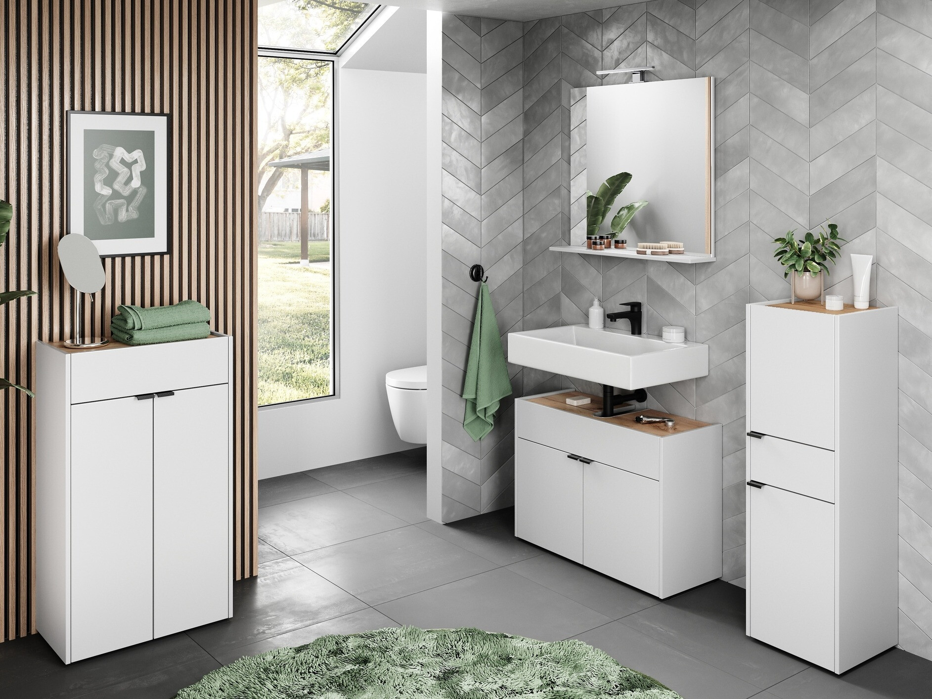 Stāvošs vannas istabas skapītis izlietnei Ventei 100 (Balts + Navarra ozols)