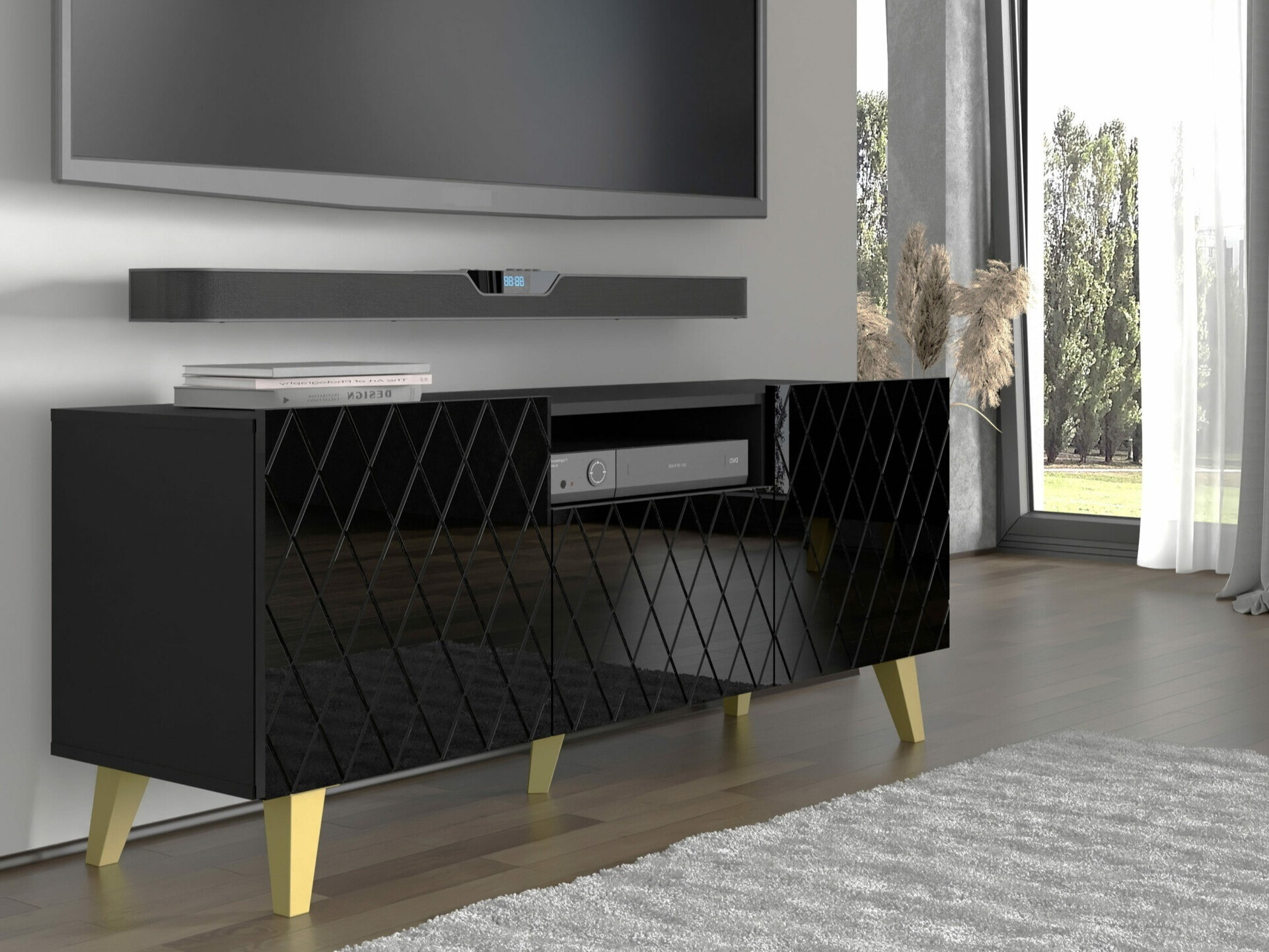 TV galds Melmoro 105 (Glancēts melns + Zelta)