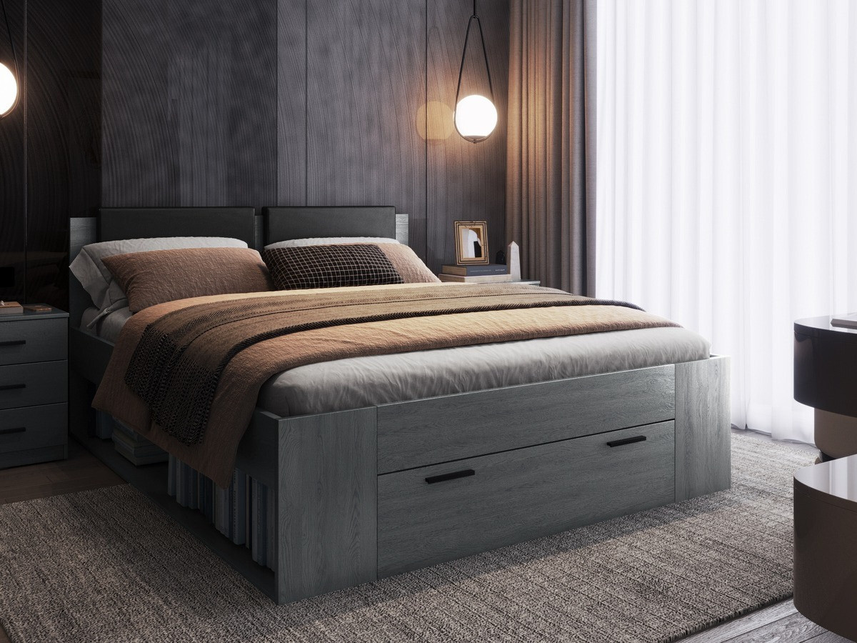 Кровать Levruvu 106 (Серый дуб + Чёрный)