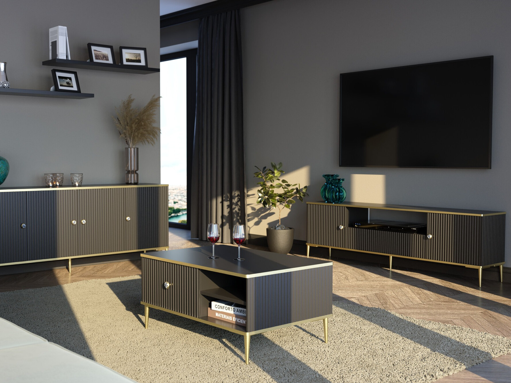 TV galds Romciro 100 (Melns + Zelta)