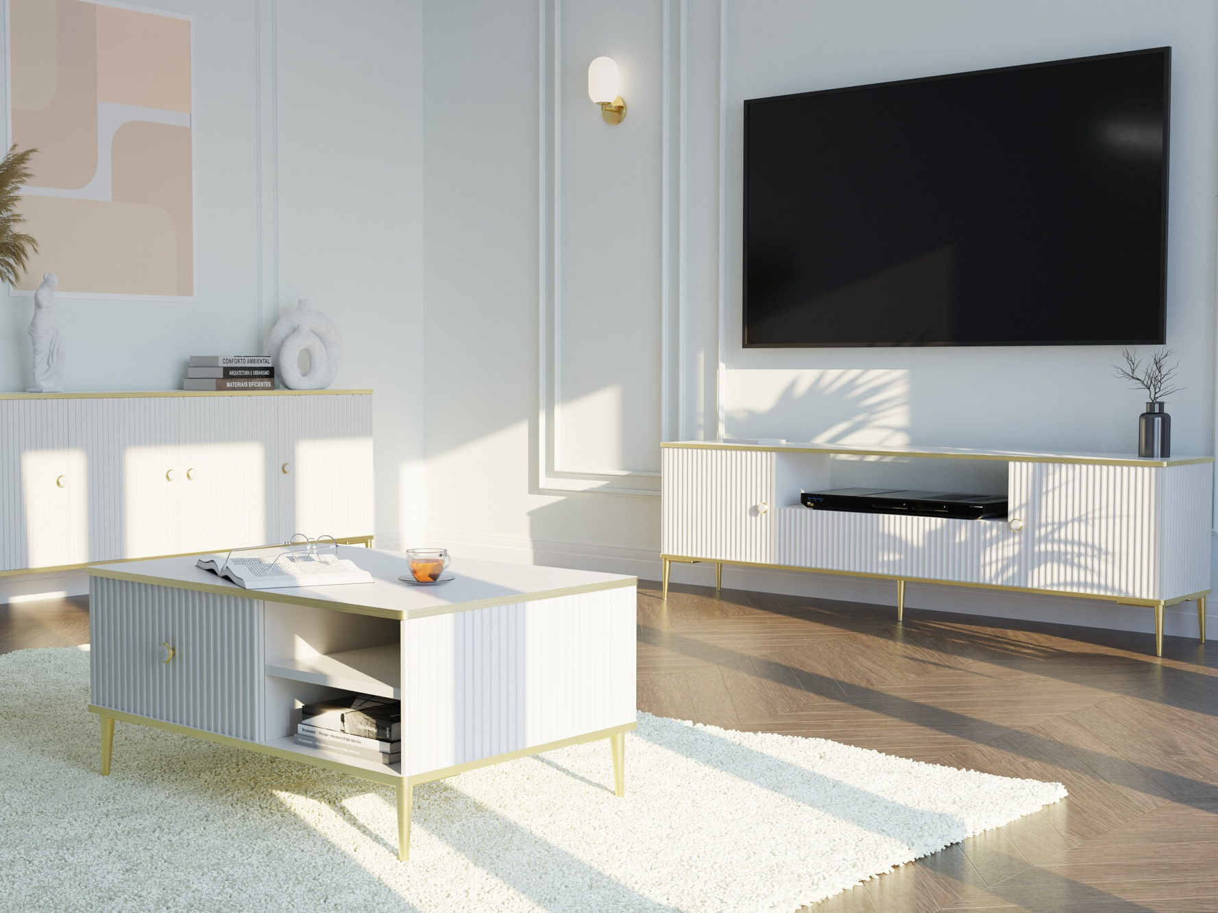 Žurnālu galdiņš Romciro 102 (Balts + Zelta)