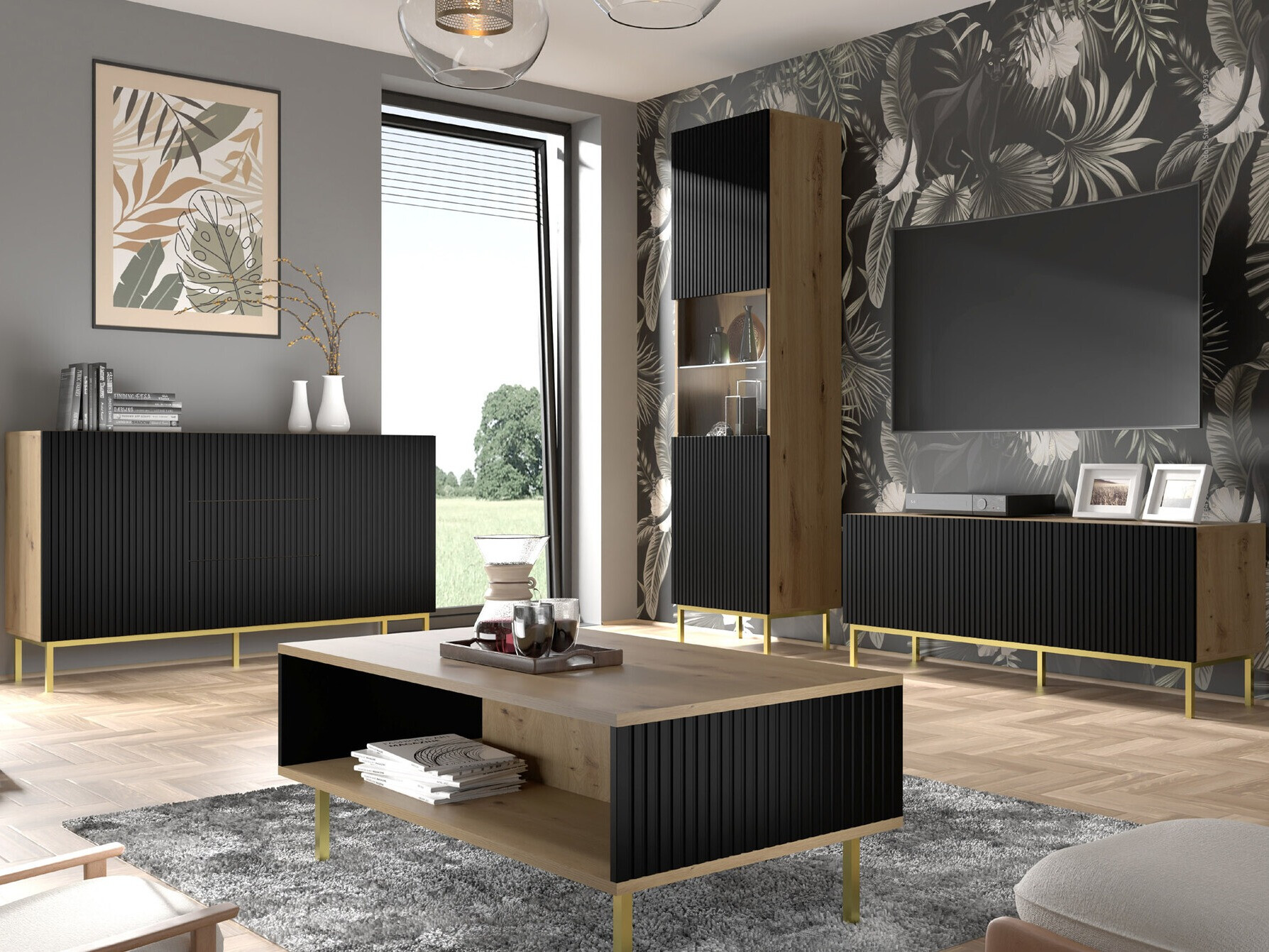 TV galds Mirmaro 102 (Melns + Artisan ozols)