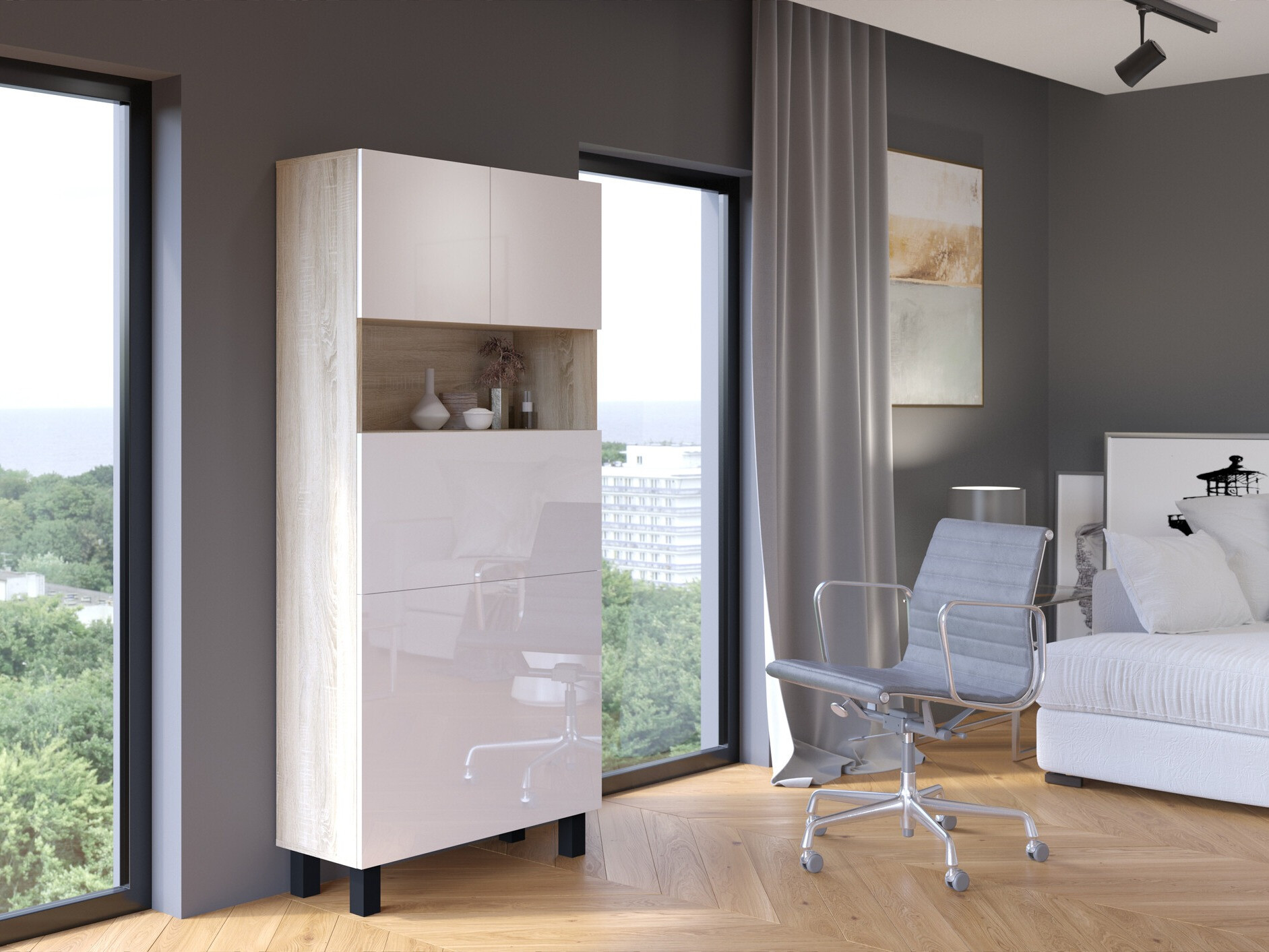 Стеллаж Buffalo 145 (Глянцевый белый + Сонома Дуб)