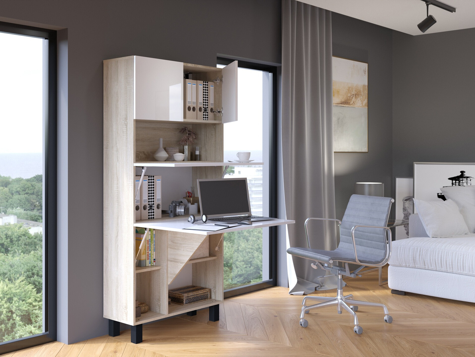 Стеллаж Buffalo 145 (Глянцевый белый + Сонома Дуб)