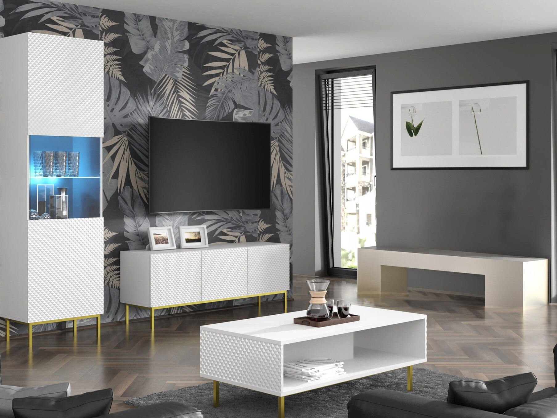 TV galds Odelomu 101 (Balts + Glancēts balts)