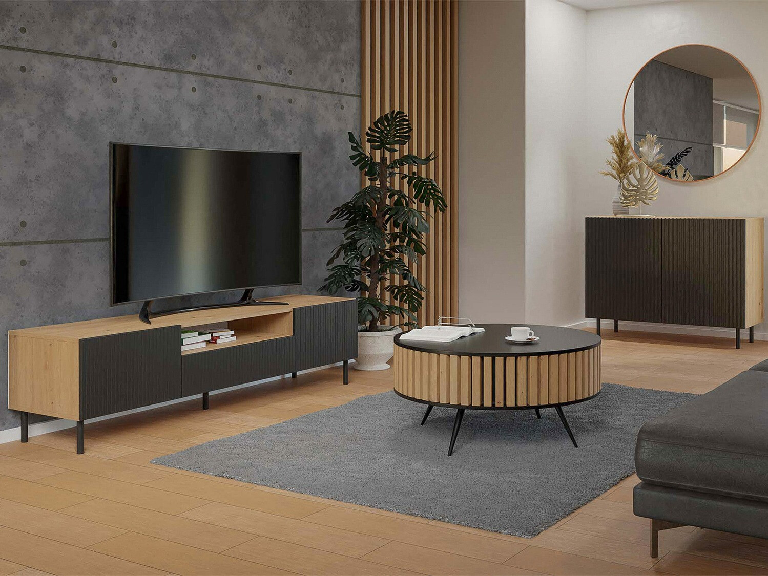 ТВ тумба Romseru 105 (Чёрный + Artisan дуб)