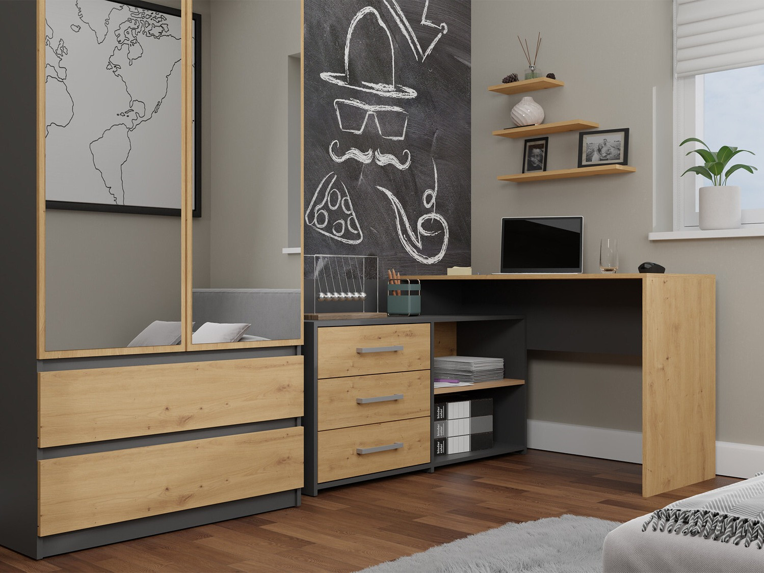 Угловой письменный стол Mandeville 131 (Антрацит + Artisan дуб)