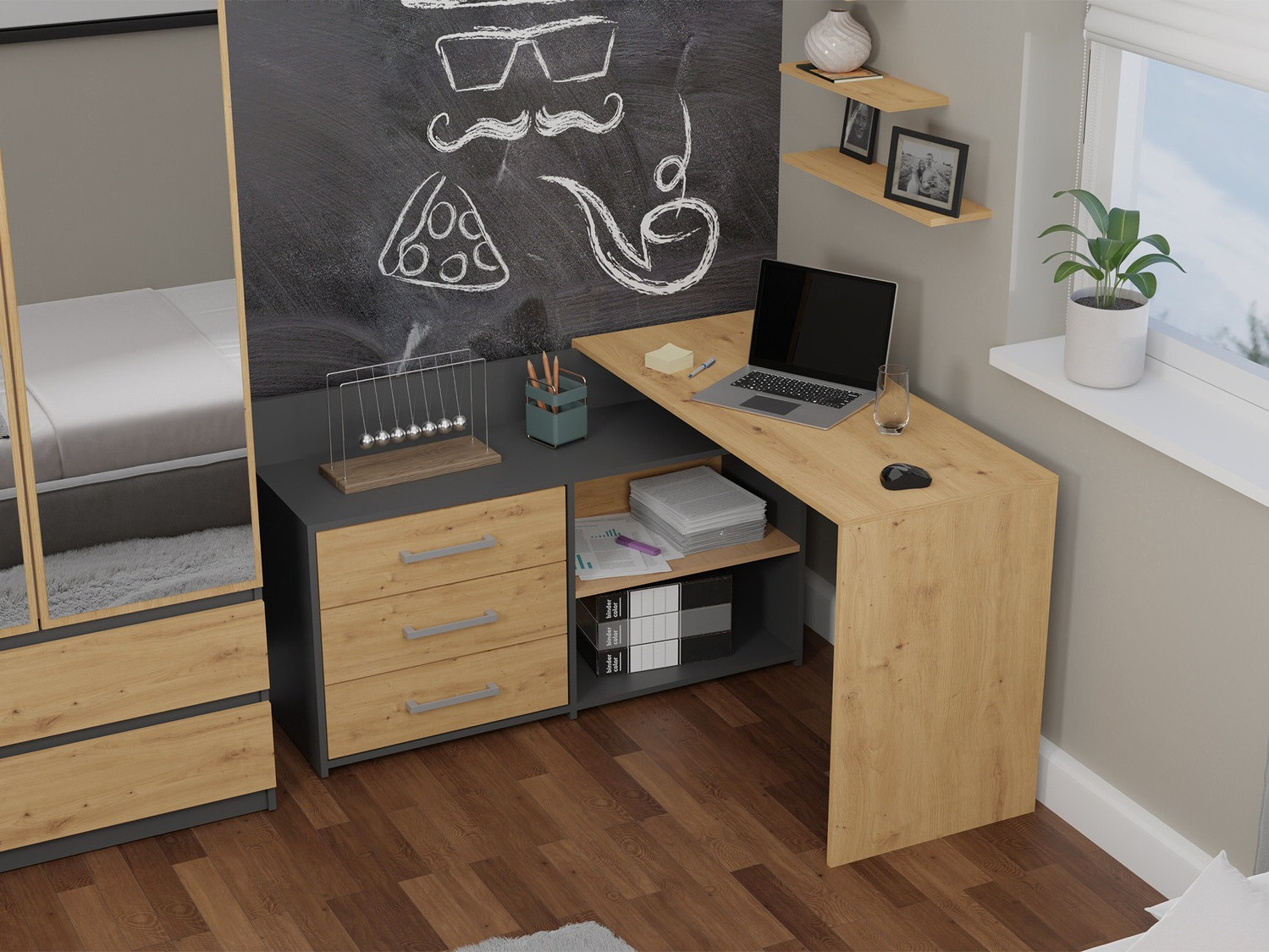 Угловой письменный стол Mandeville 131 (Антрацит + Artisan дуб)