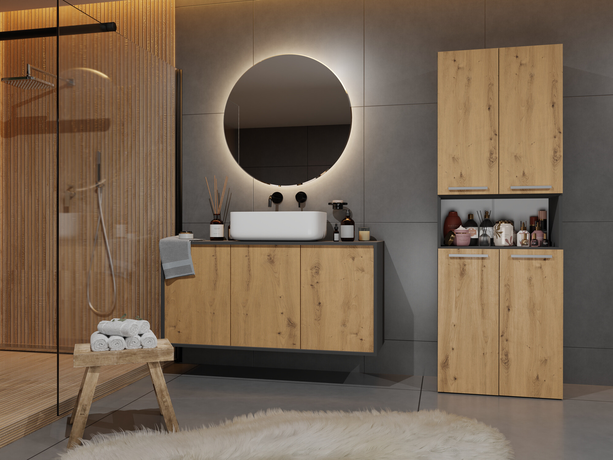 Stāvošs vannas skapītis Nolmaru 101 (Antracīts + Artisan ozols)