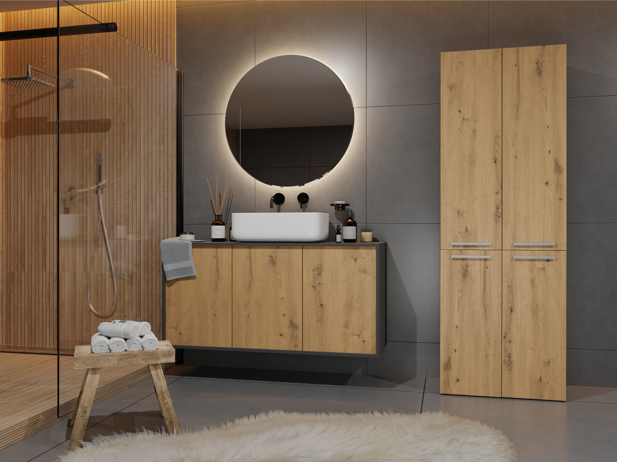 Stāvošs vannas skapītis Nolmaru 102 (Antracīts + Artisan ozols)