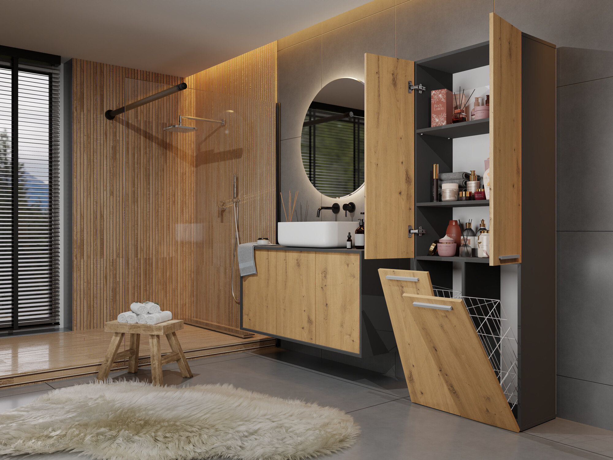 Stāvošs vannas skapītis Nolmaru 102 (Antracīts + Artisan ozols)