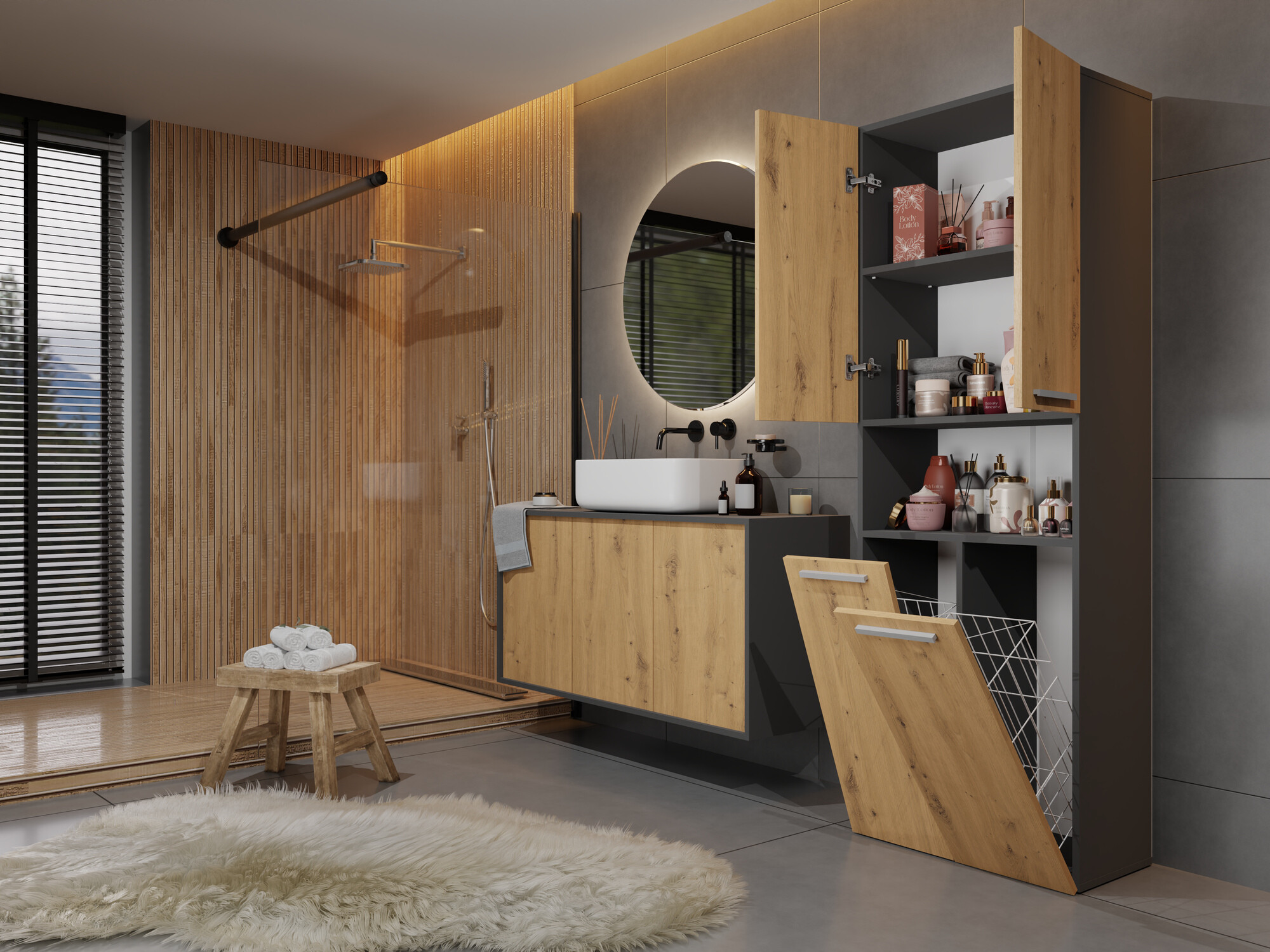 Stāvošs vannas skapītis Nolmaru 103 (Antracīts + Artisan ozols)