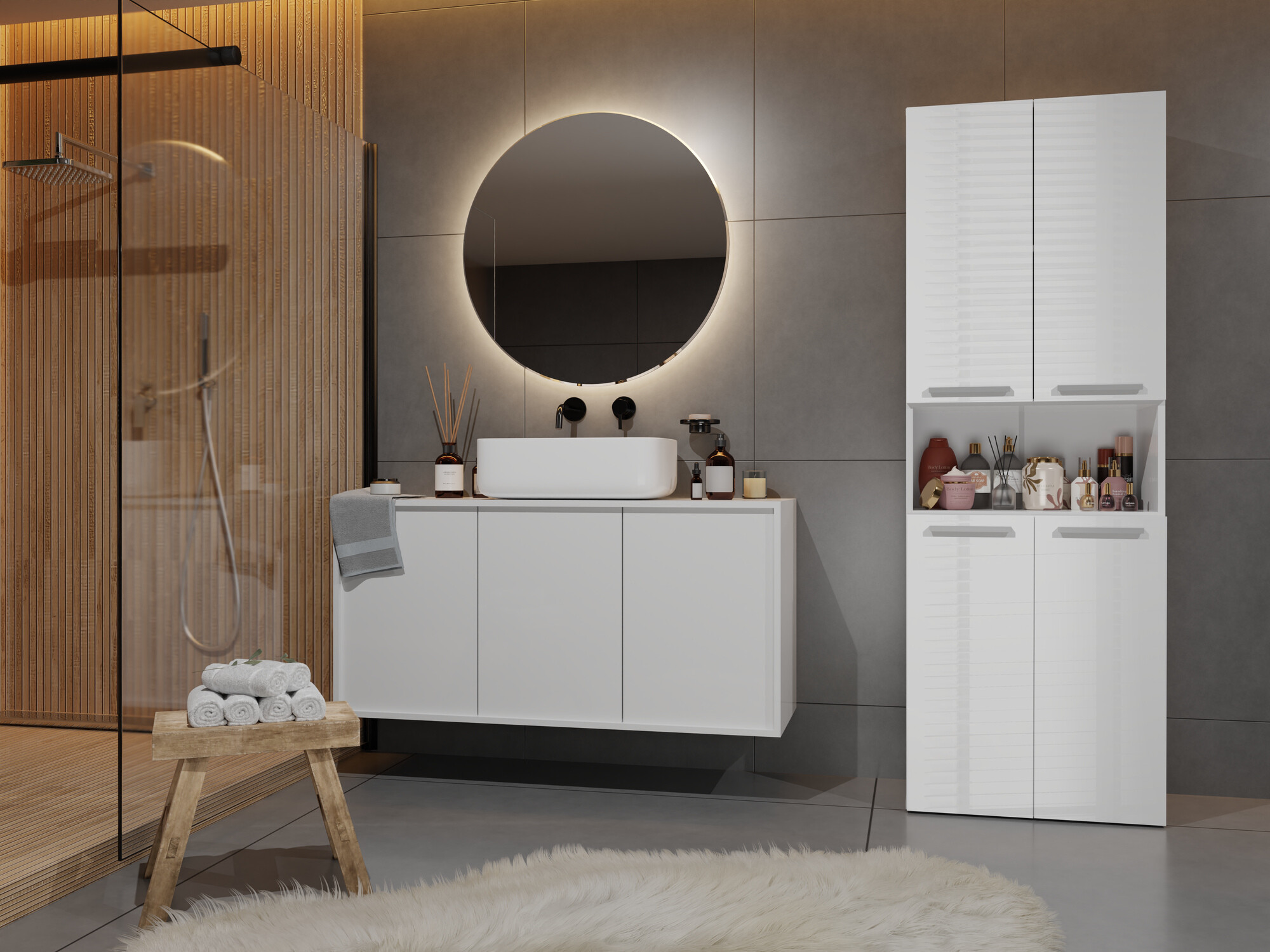 Stāvošs vannas skapītis Nolmaru 103 (Balts + Glancēts balts)