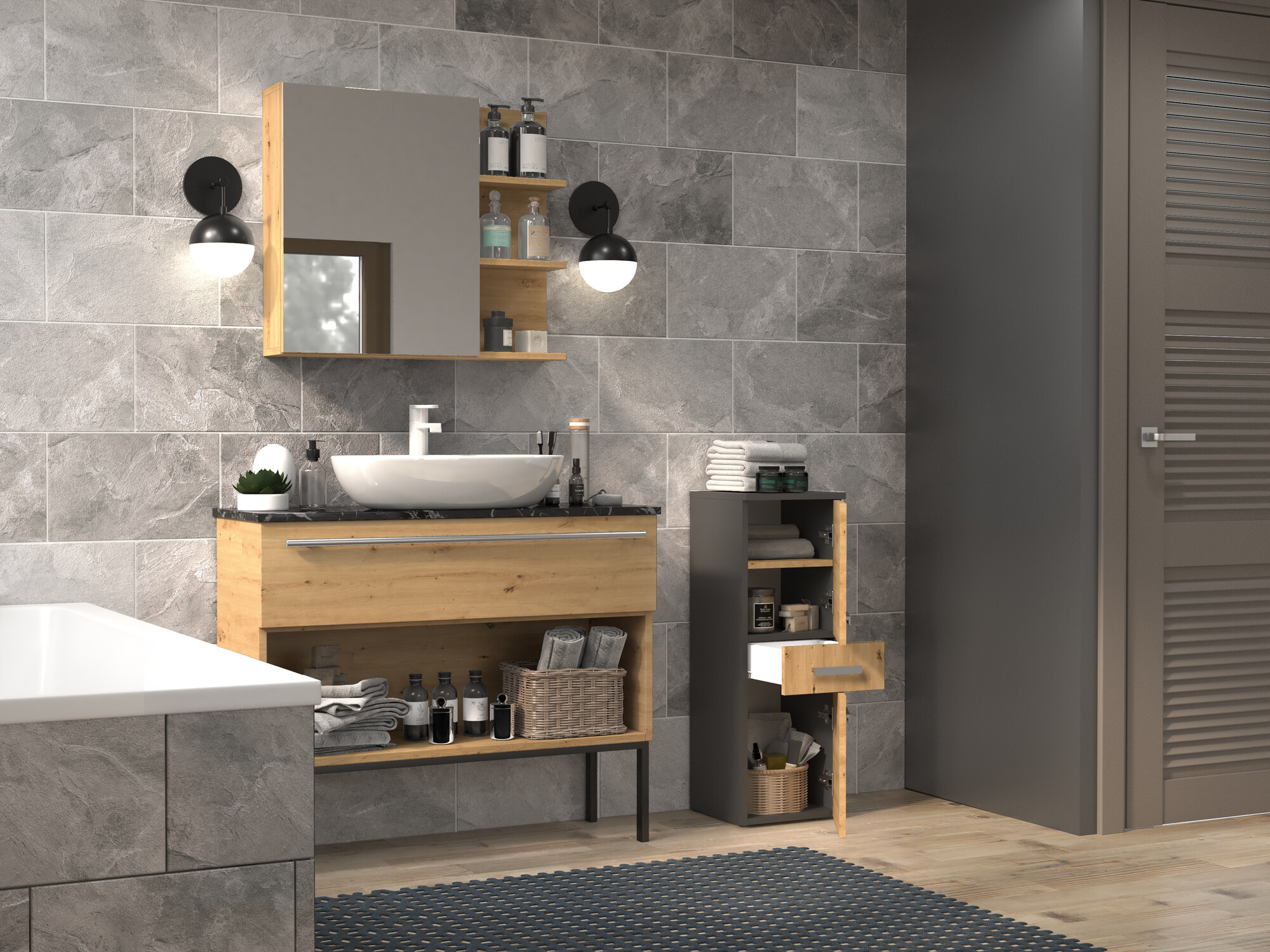 Stāvošs vannas skapītis Nolmaru 108 (Antracīts + Artisan ozols)