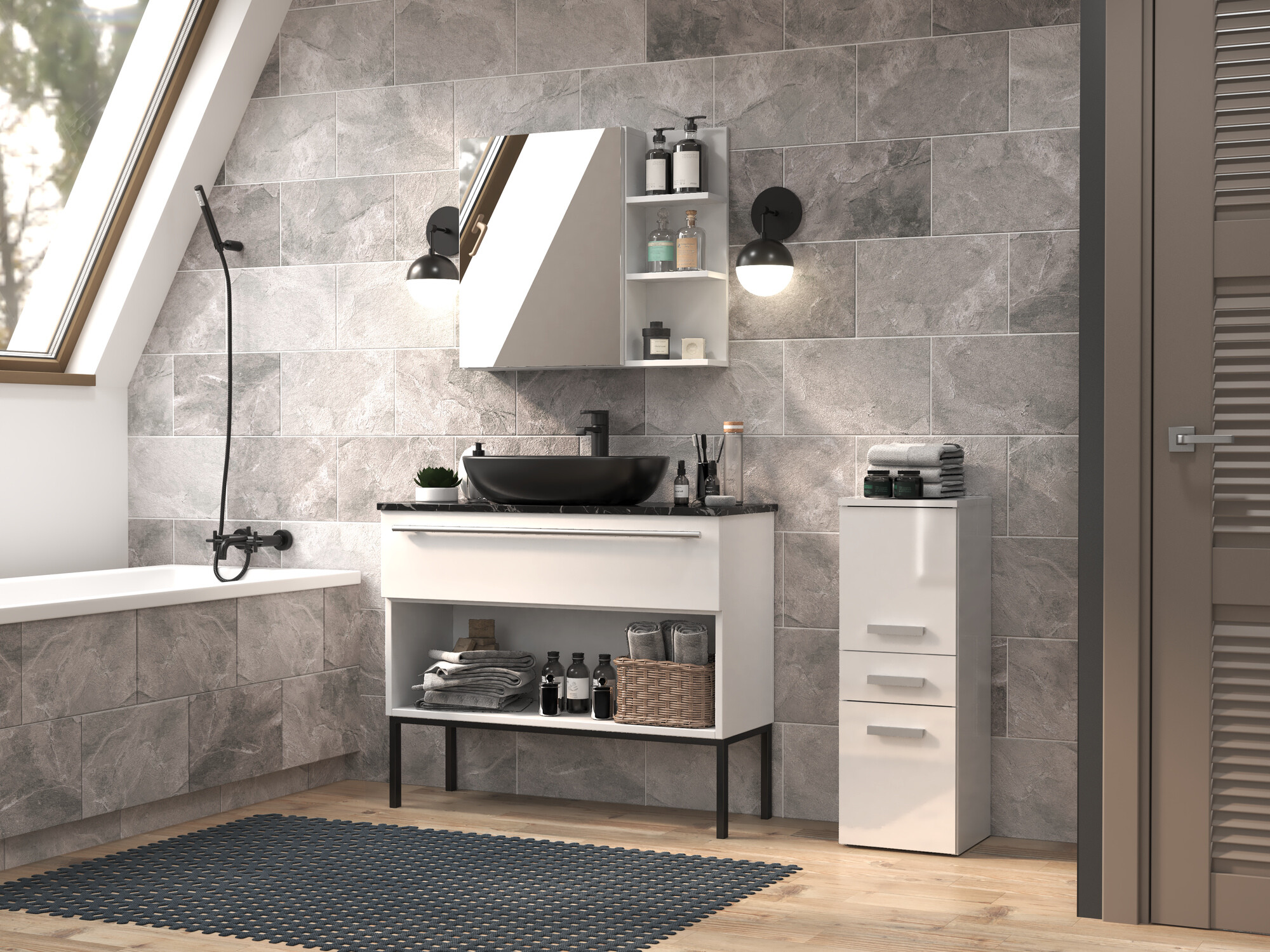 Stāvošs vannas skapītis Nolmaru 108 (Balts + Glancēts balts)