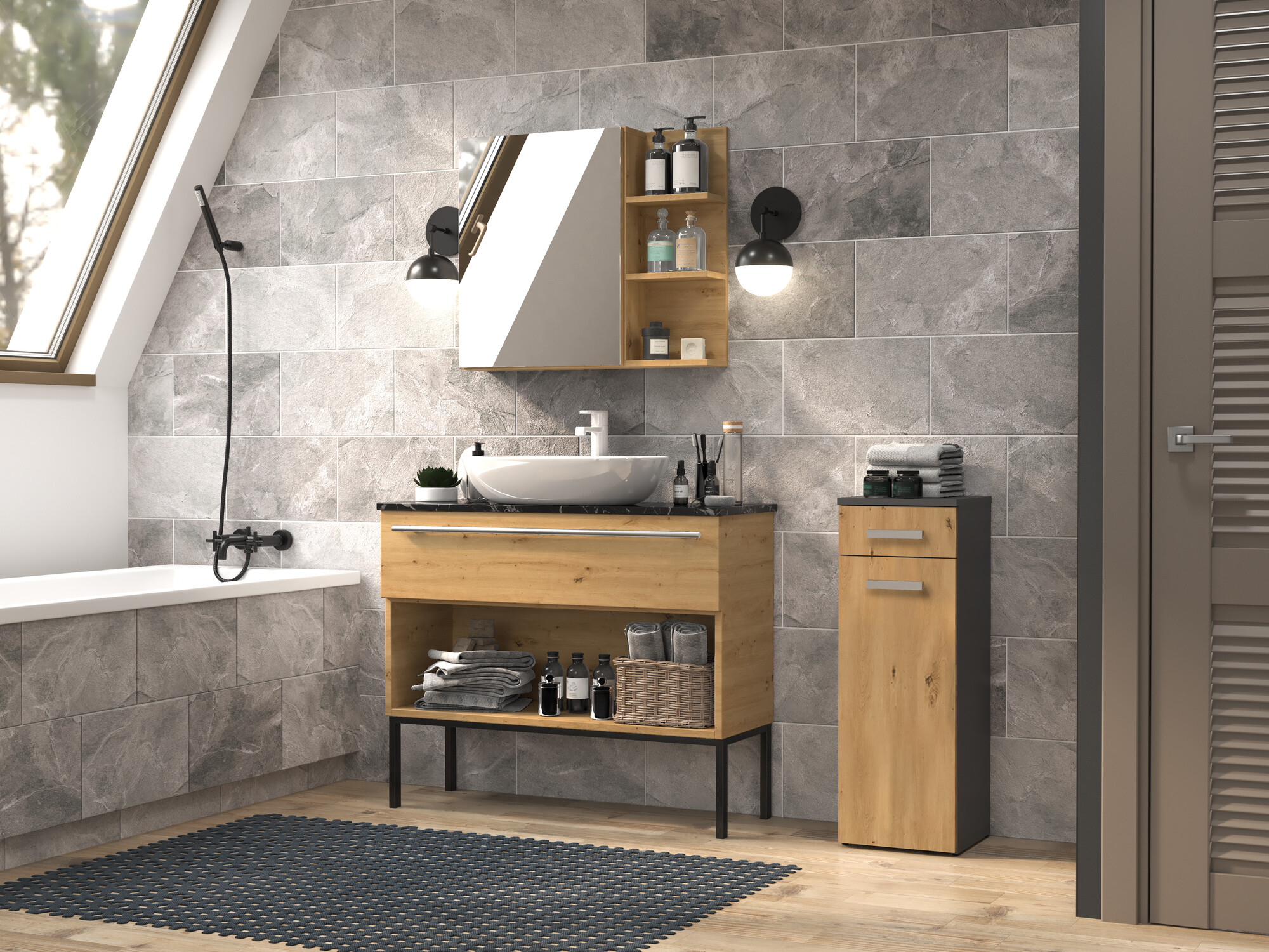 Stāvošs vannas skapītis Nolmaru 109 (Antracīts + Artisan ozols)