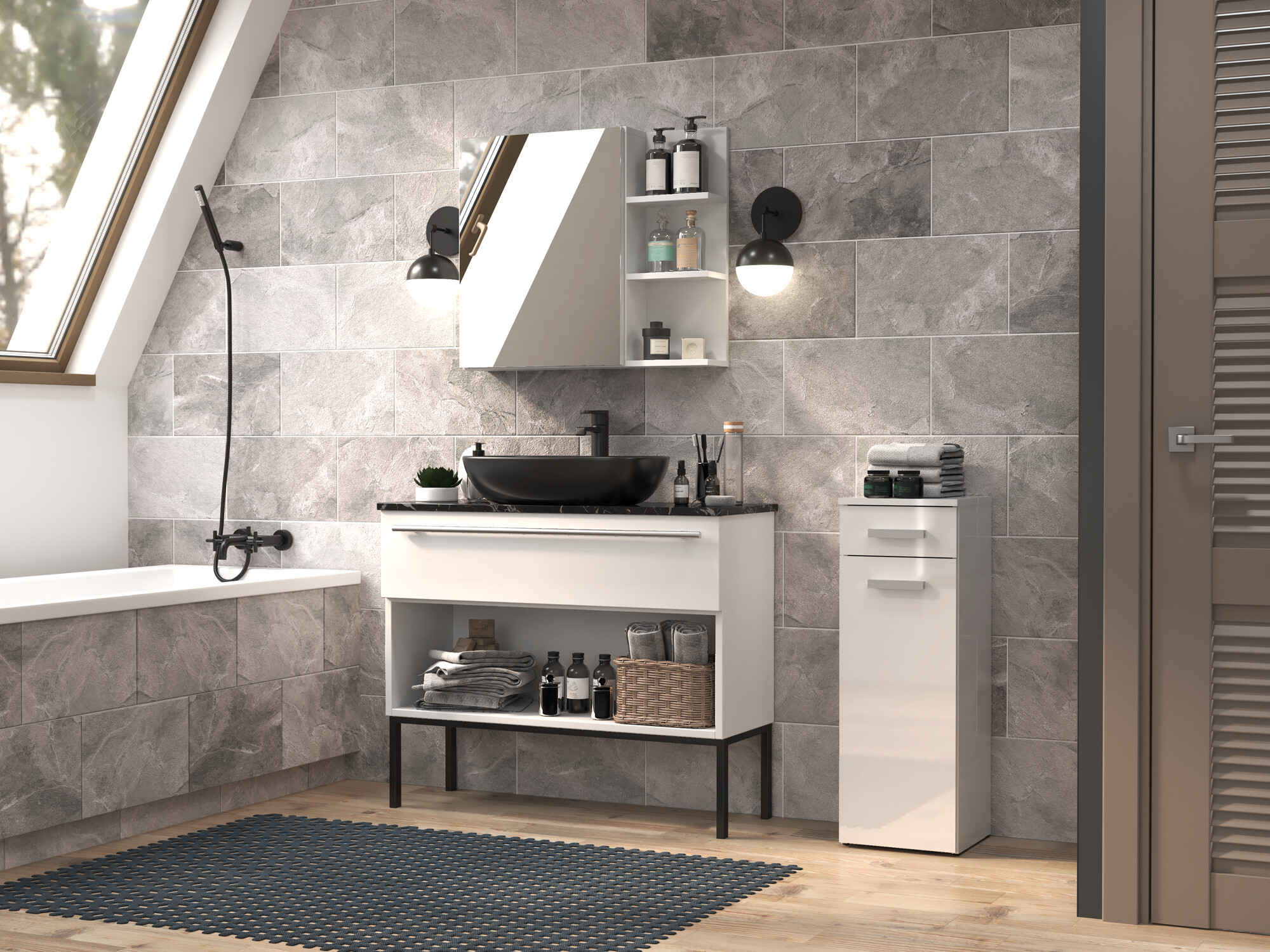 Stāvošs vannas skapītis Nolmaru 109 (Balts + Glancēts balts)