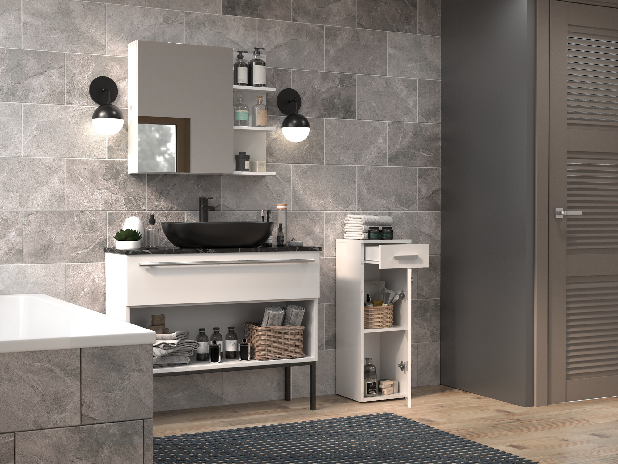 Stāvošs vannas skapītis Nolmaru 109 (Balts + Glancēts balts)