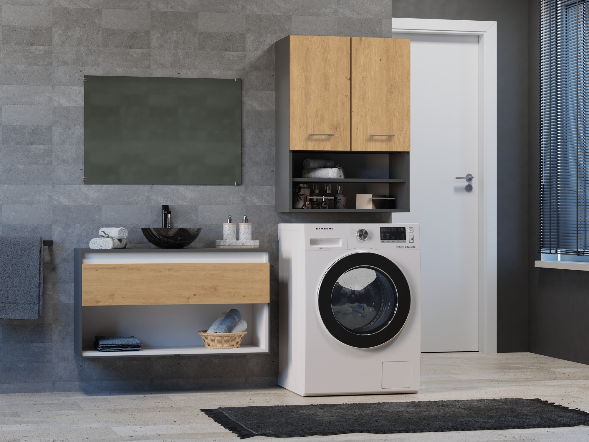 Piekarams vannas istabas skapītis Balelbo 106 (Antracīts + Artisan ozols)