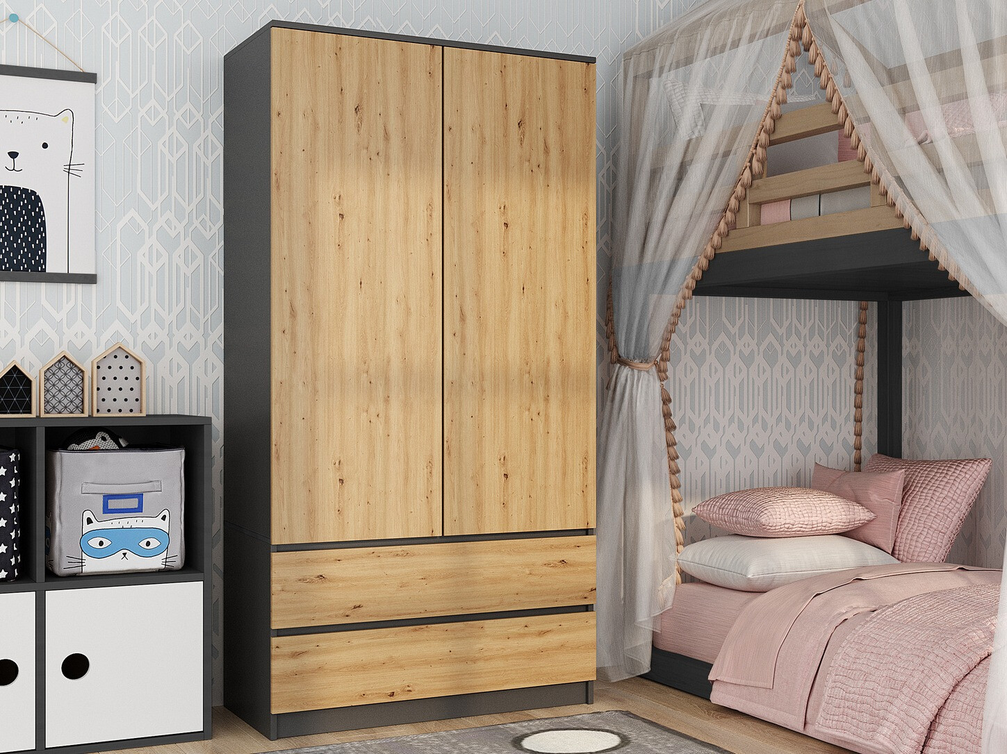 Skapis Elbvelu 116 (Antracīts + Artisan ozols)