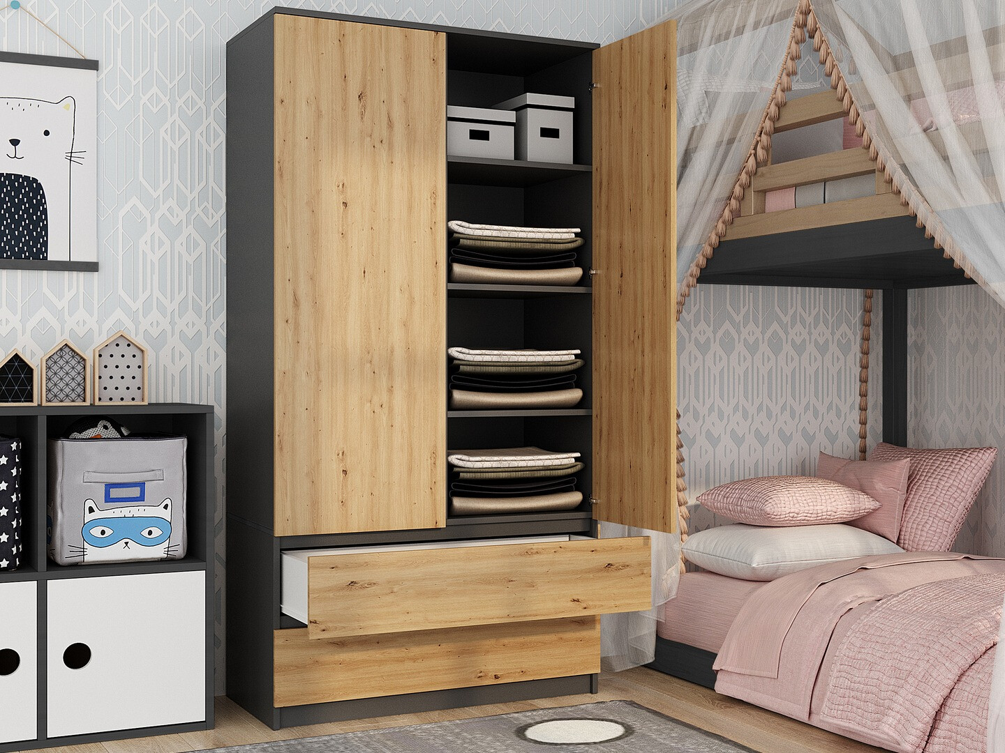 Skapis Elbvelu 116 (Antracīts + Artisan ozols)