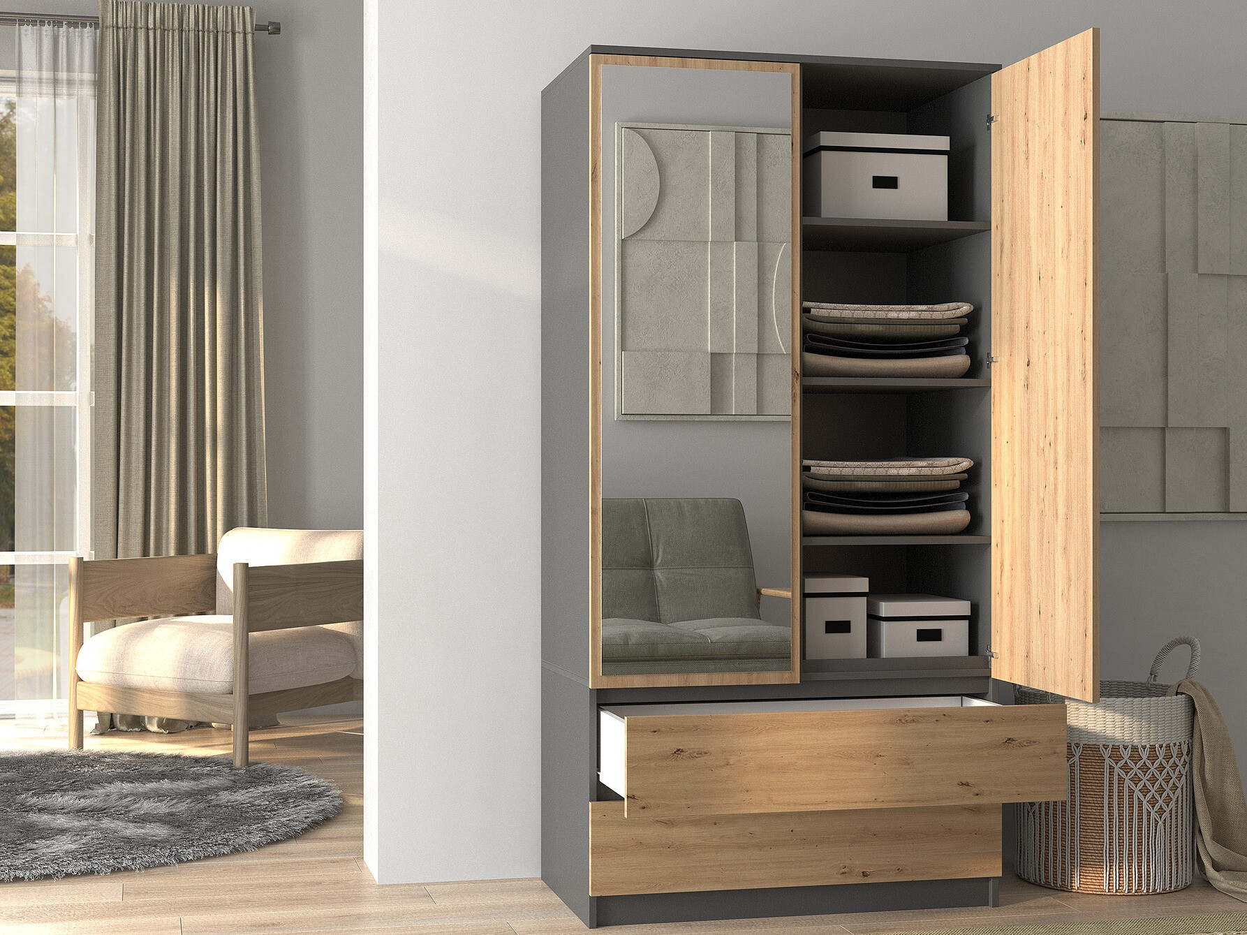 Skapis Elbvelu 116 (Antracīts + Artisan ozols)