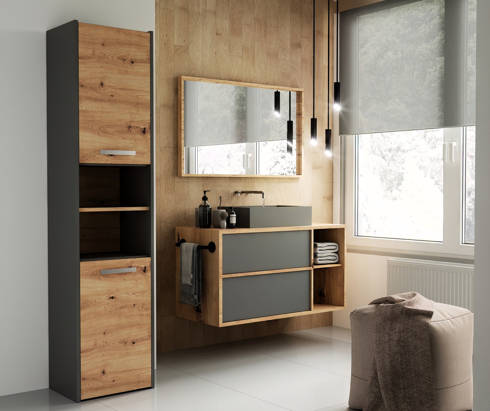 Stāvošs vannas skapītis Mandeville 250 (Antracīts + Artisan ozols)