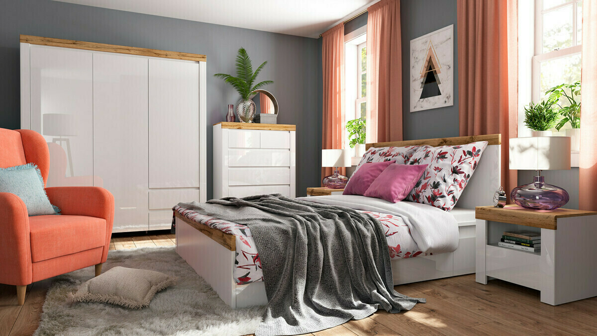 Прикроватная тумбочка Sonsoru 113 (Белый + Глянцевый белый + Дуб вотан)