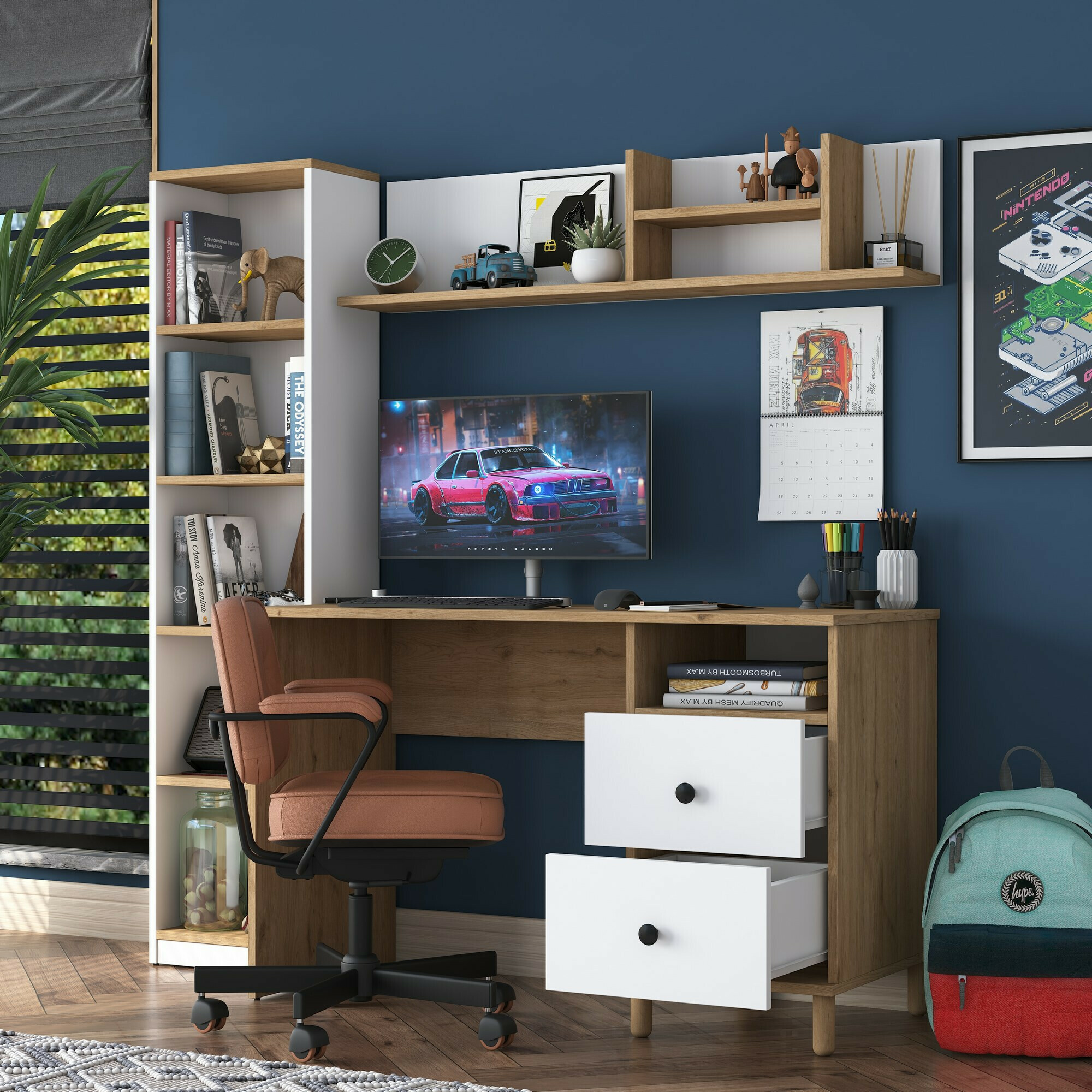 Mājas biroja komplekts Catdelu 107 (Riekstkoks + Balts)