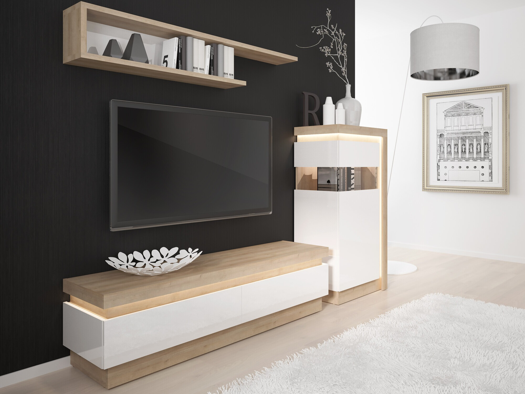 TV galds Feldeli 101 (Riviera ozols + Glancēts balts)