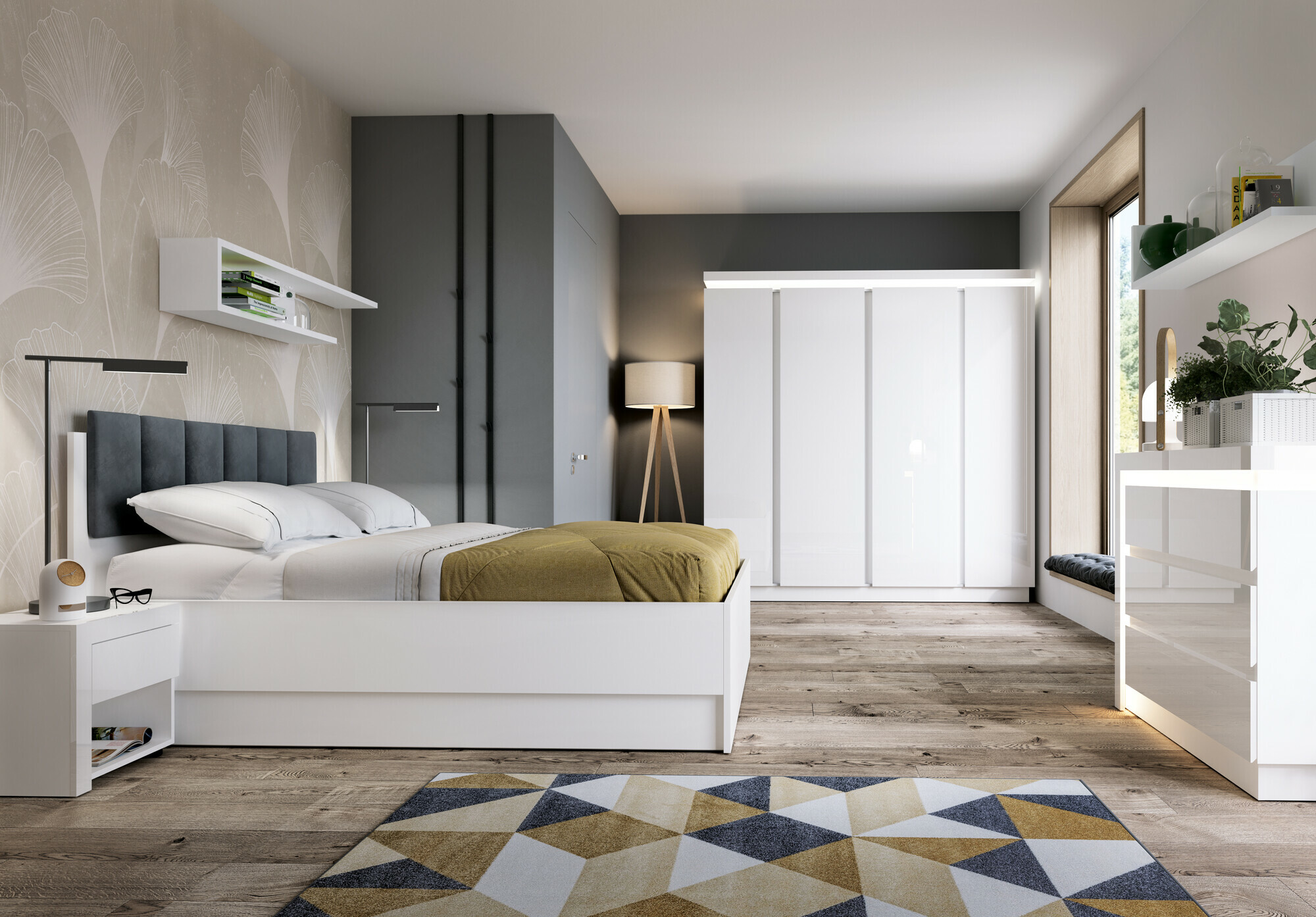 Кровать Feldeli 117 (Белый + Глянцевый белый)