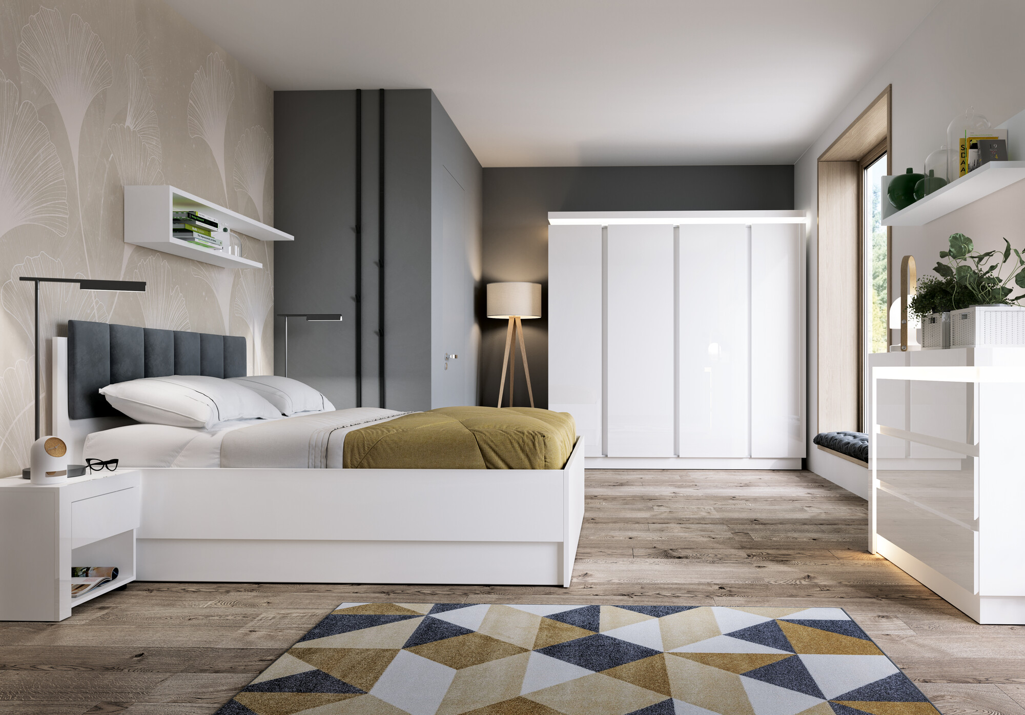 Прикроватная тумбочка Feldeli 113 (Белый + Глянцевый белый)