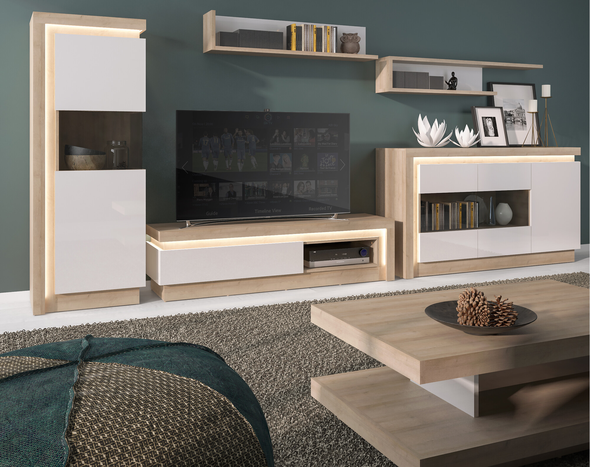 Настенная полка Feldeli 109 (Riviera дуб + Глянцевый белый)