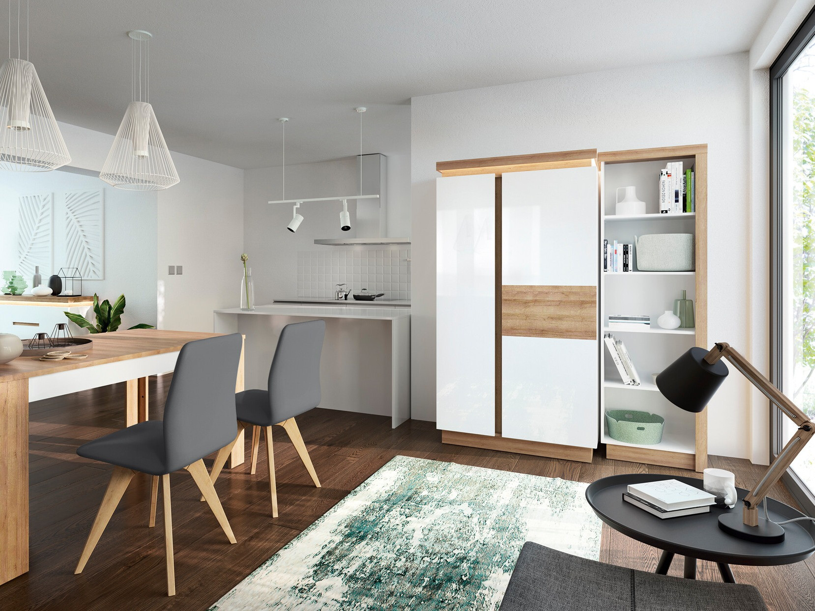 Шкаф Feldeli 106 (Riviera дуб + Глянцевый белый)