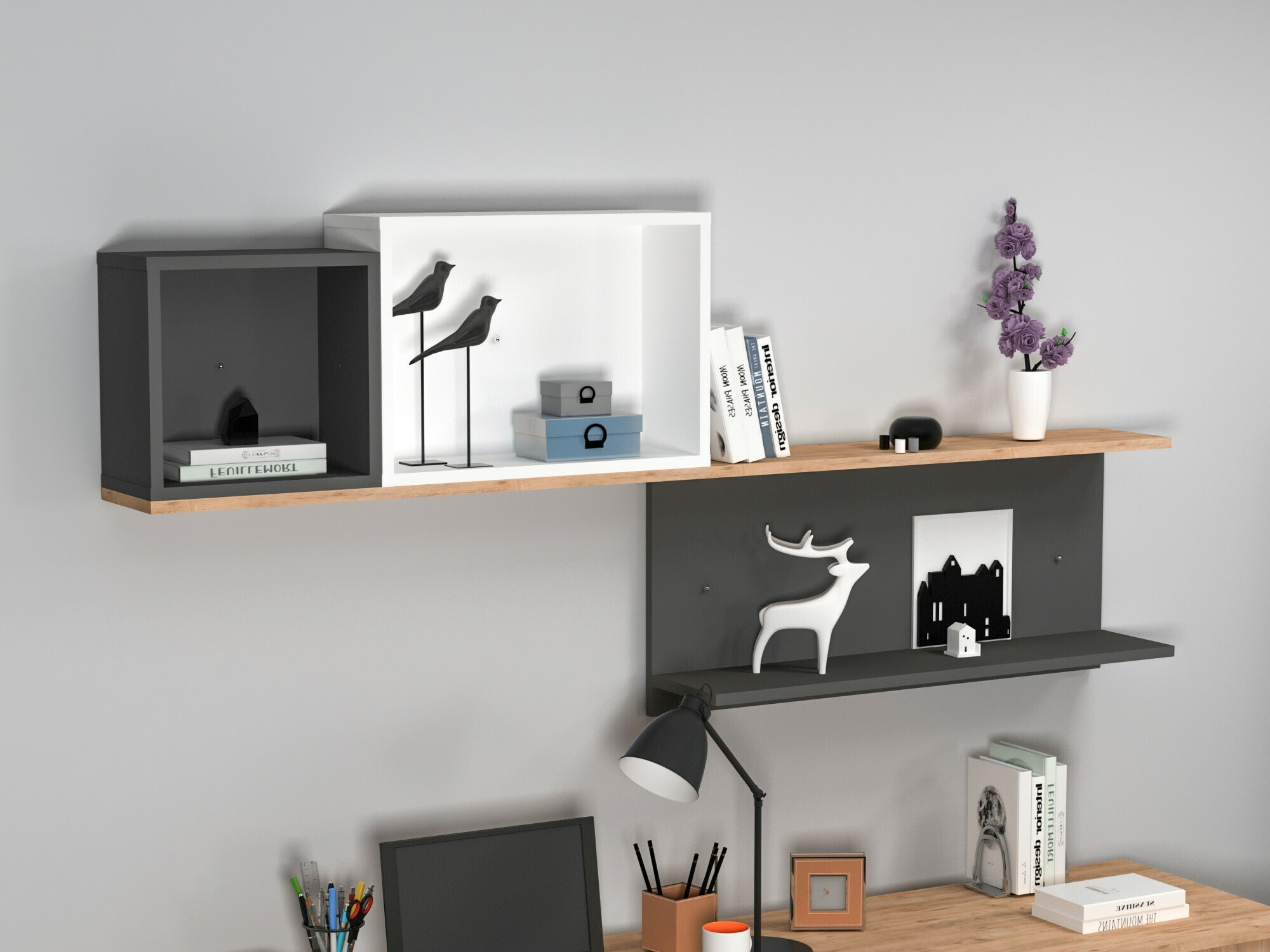 Настенная полка Kailua 2184 (Белый + Антрацит + Сосна)