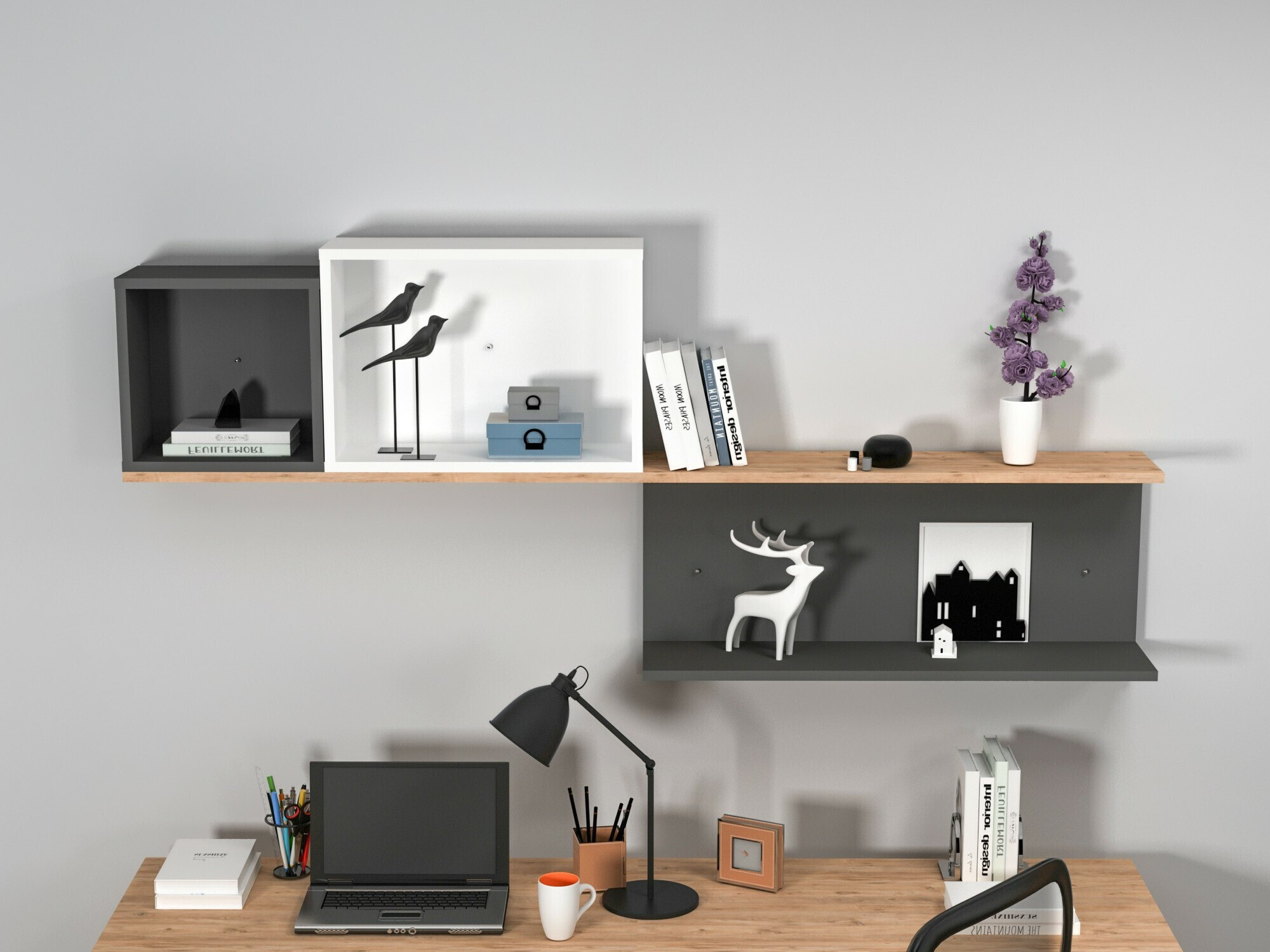 Настенная полка Kailua 2184 (Белый + Антрацит + Сосна)