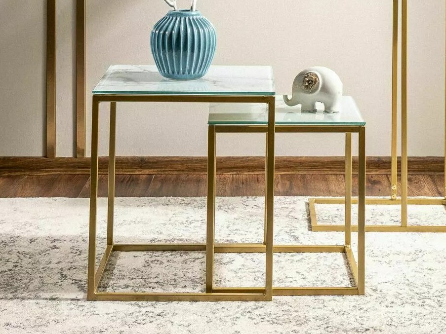 Žurnālu galdiņu komplekts Detroit 431 (Zelta + Balts marmors)