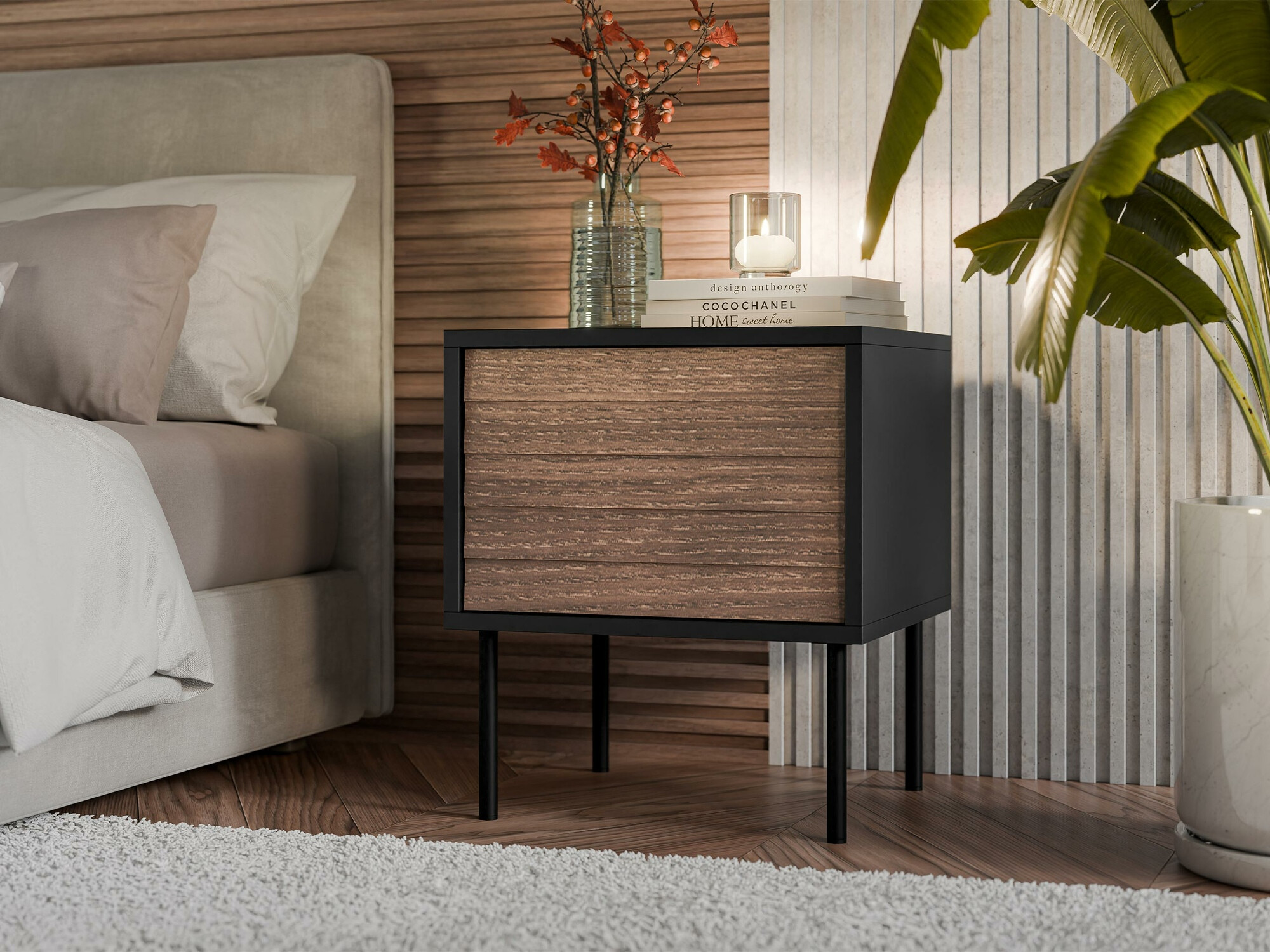 Комплект прикроватных тумбочек Flosoru 106 (Грецкий орех + Чёрный)