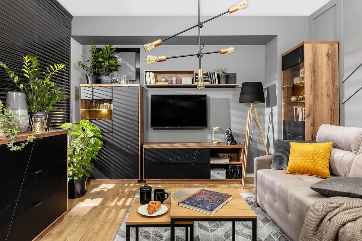 TV galds Fivale 104 (Tumšs delano ozols + Matēts melns)