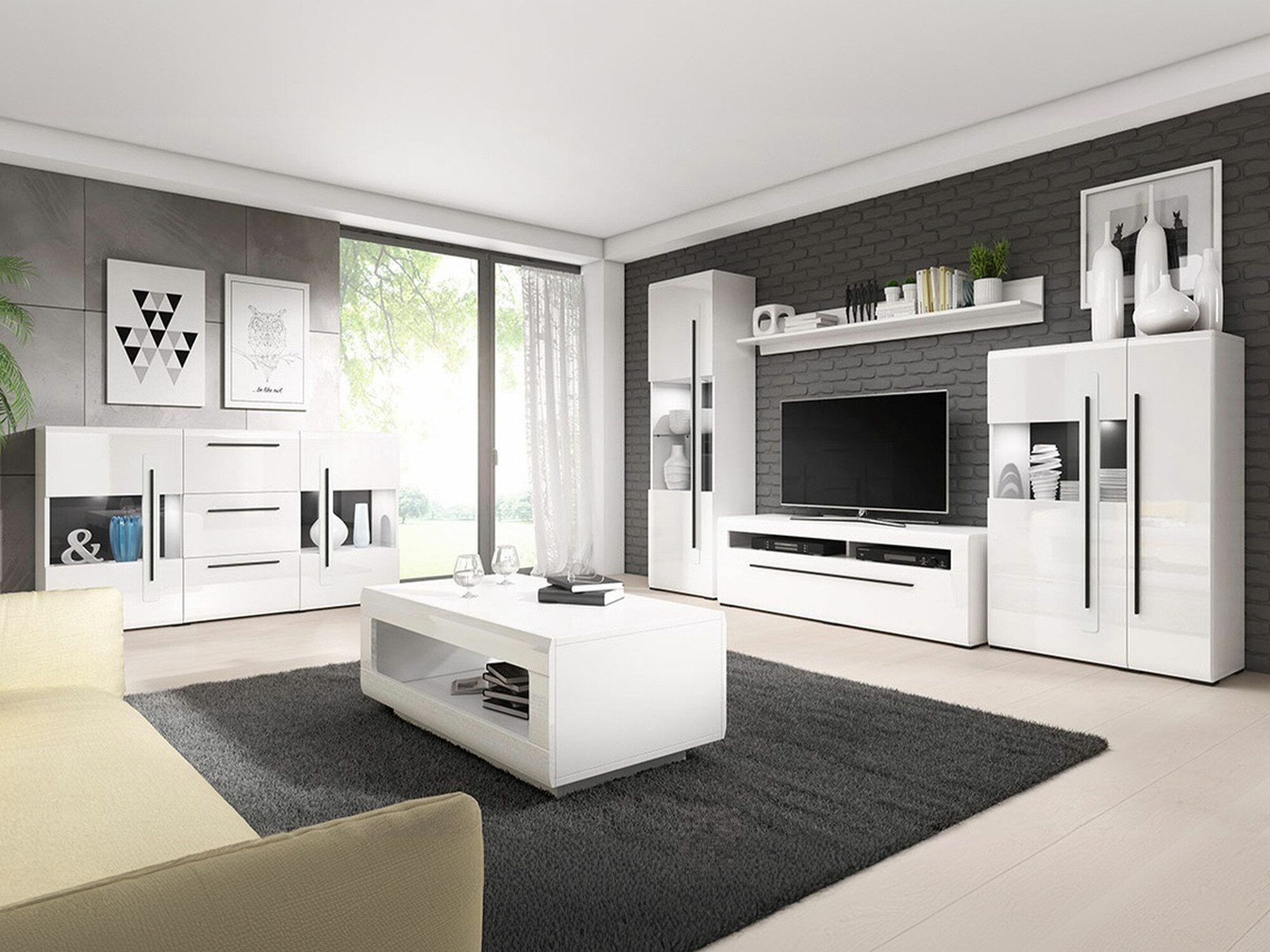 Viesistabas komplekts Ophsalu 112 (Balts + Glancēts balts)