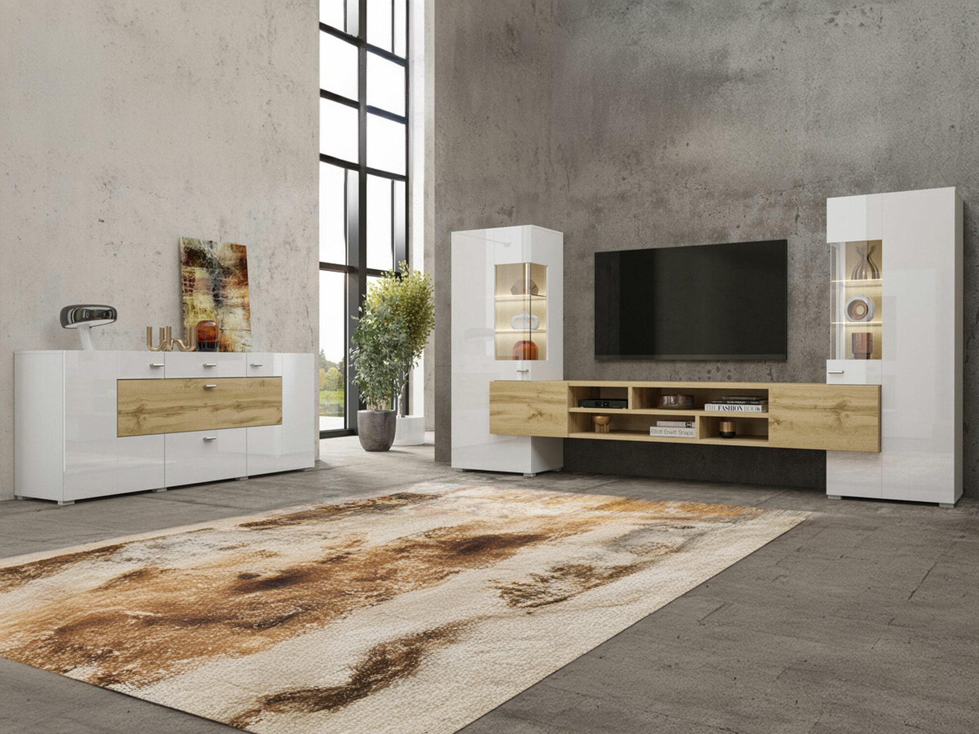 Набор для гостиной Mondalo 105 (Дуб вотан + Глянцевый белый)