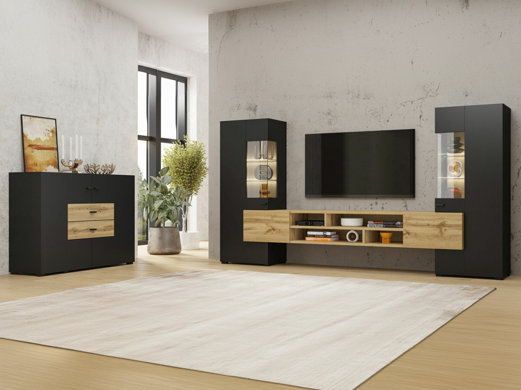 Набор для гостиной Mondalo 105 (Дуб вотан + Матовый черный)