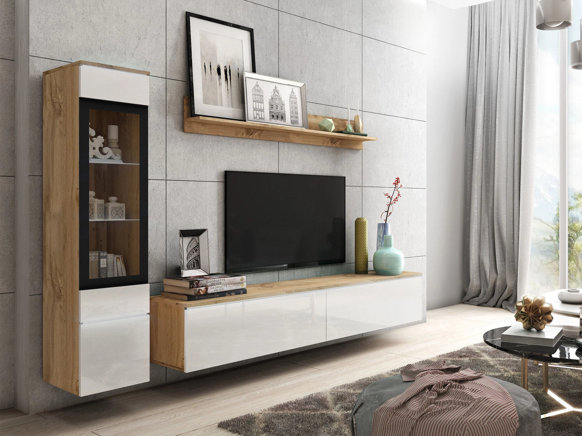 Набор для гостиной Sarasota 125 (Дуб вотан + Глянцевый белый)